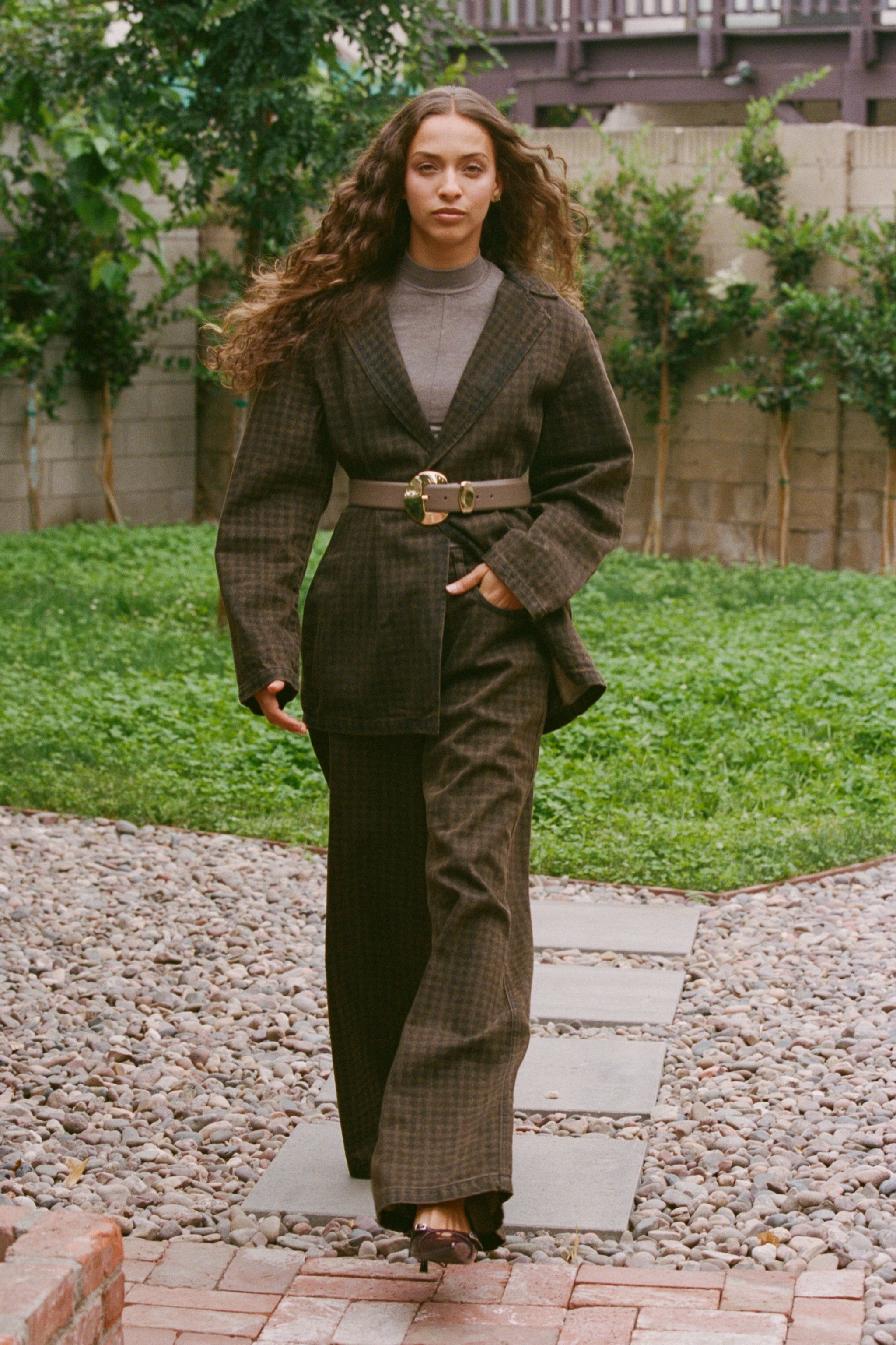 Bette Tailored Denim Jacket in Houndstooth Cacao