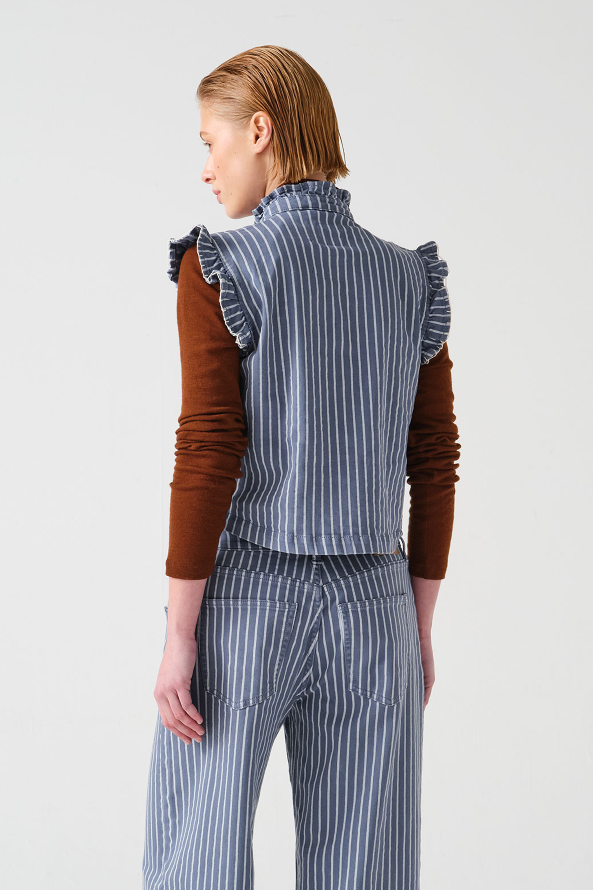 Pablo Waistcoat in Washed Denim Wide Stripe - seventy + mochi