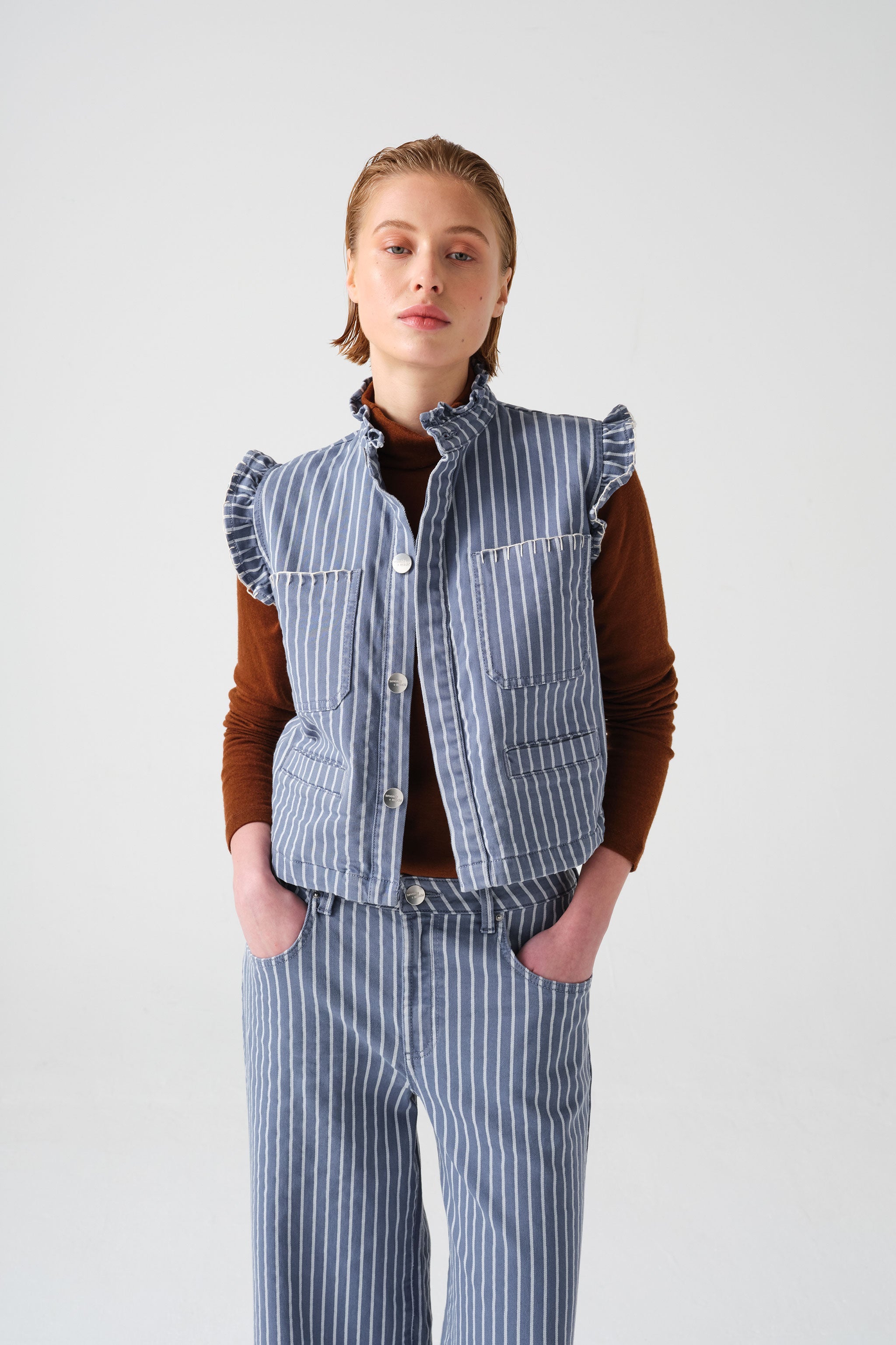 Pablo Waistcoat in Washed Denim Wide Stripe - seventy + mochi