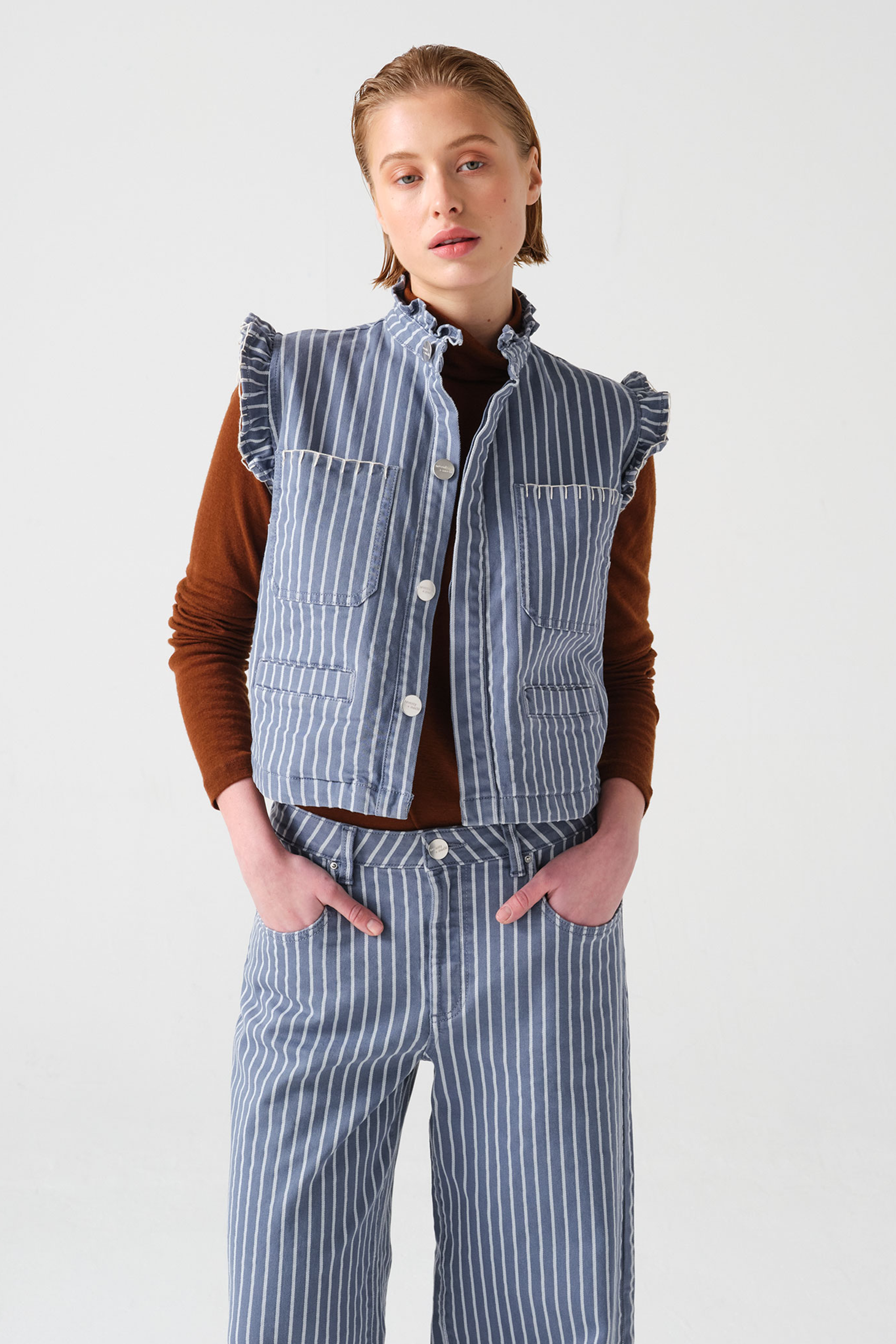 Pablo Waistcoat in Washed Denim Wide Stripe - seventy + mochi