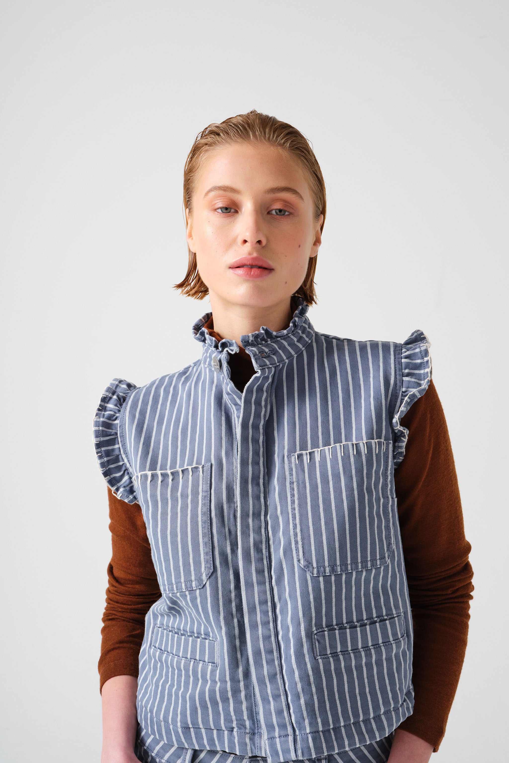 Pablo Waistcoat in Washed Denim Wide Stripe - seventy + mochi