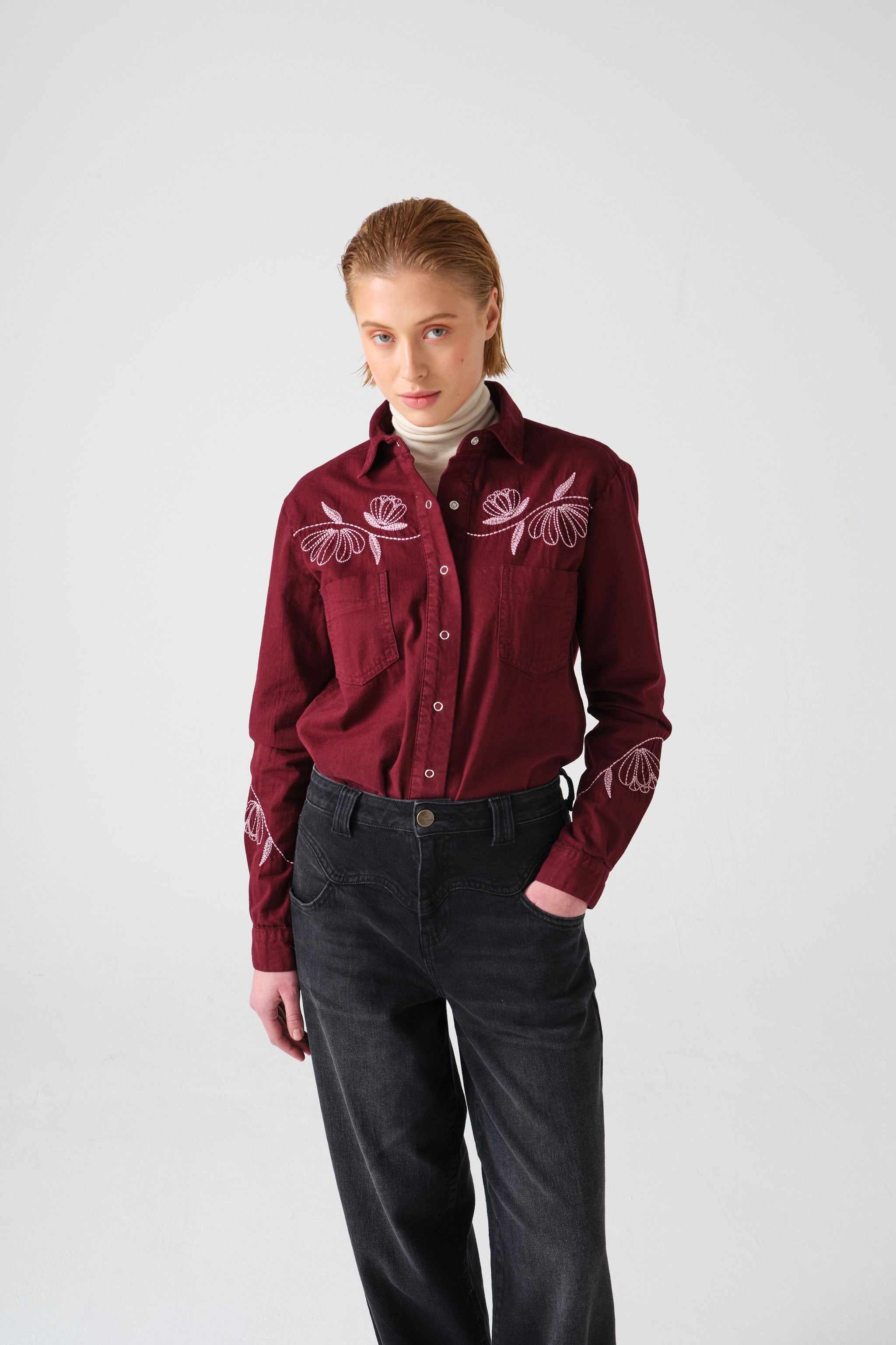 Flor Ray Shirt in Burgundy - seventy + mochi