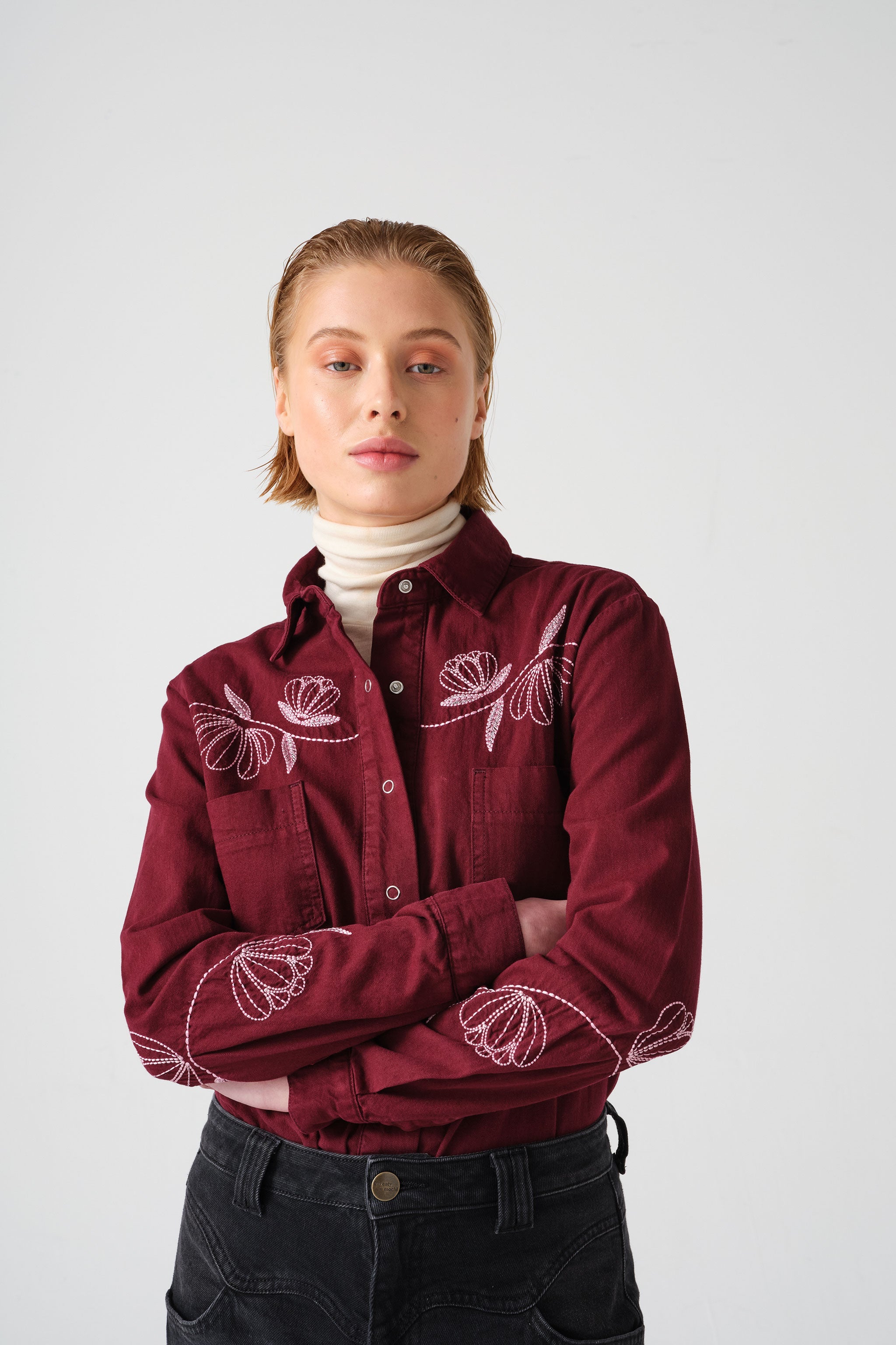 Flor Ray Shirt in Burgundy - seventy + mochi