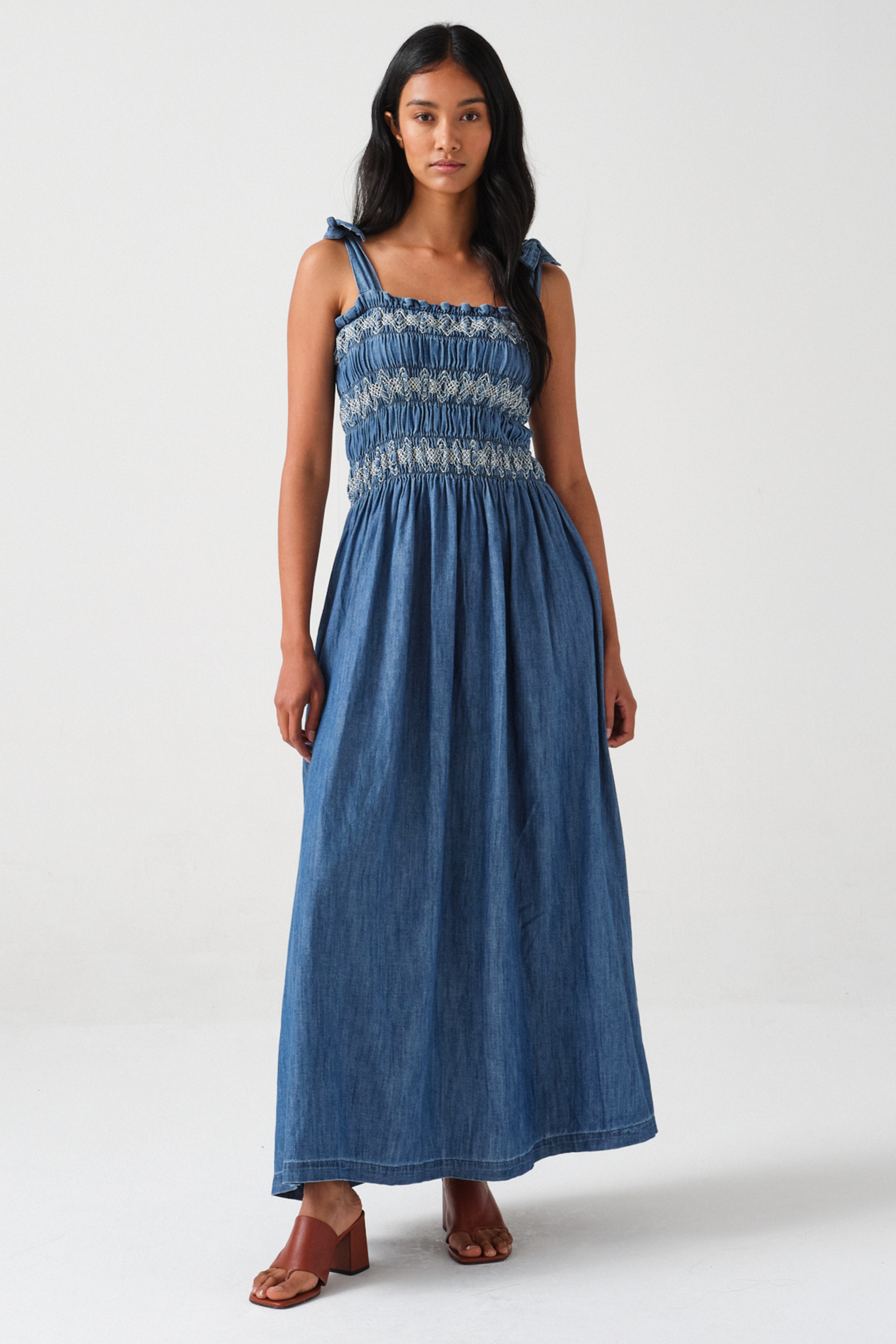 Sally Tie Bandeau Dress in Washed Indigo - seventy + mochi