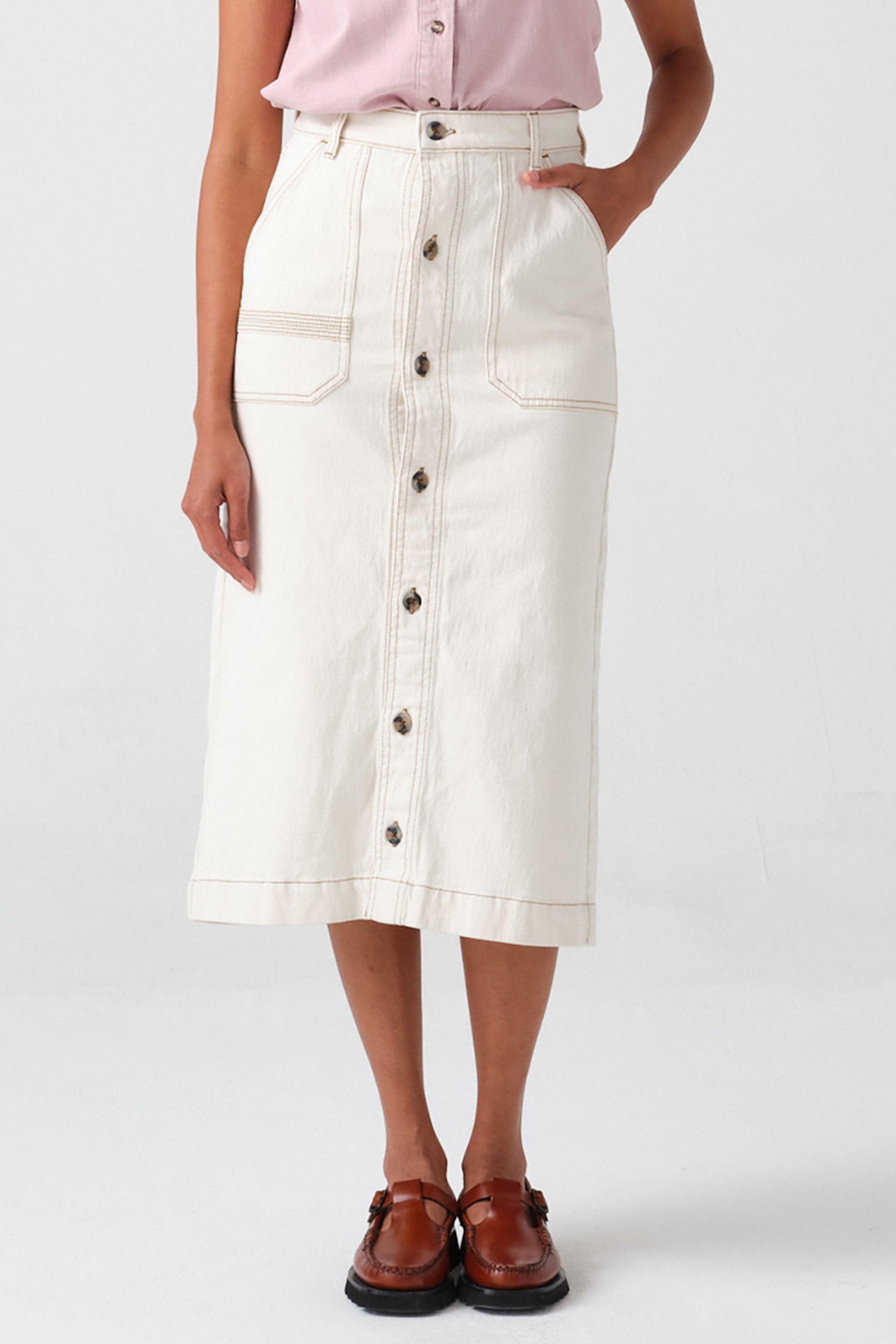 Elodie Midi Skirt in Ecru Denim - seventy + mochi