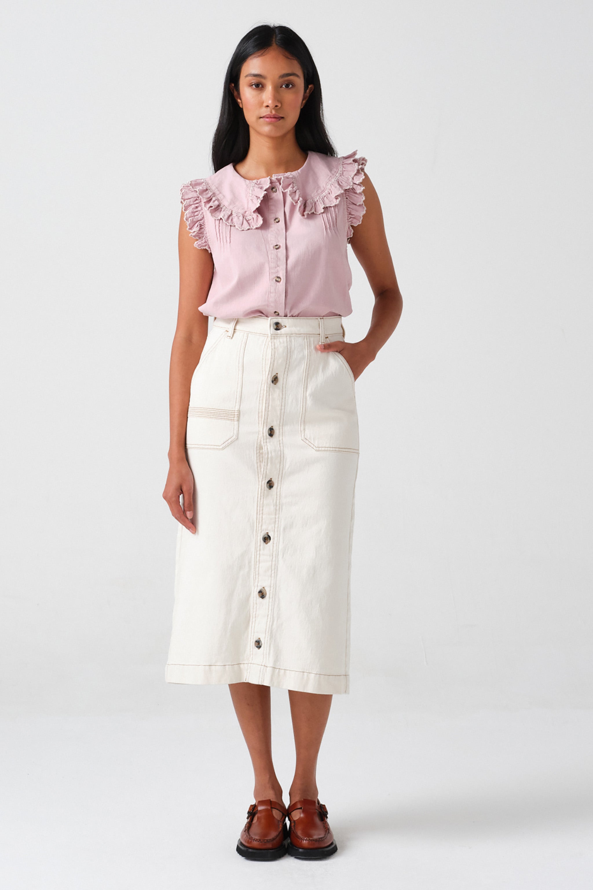 Elodie Midi Skirt in Ecru Denim - seventy + mochi