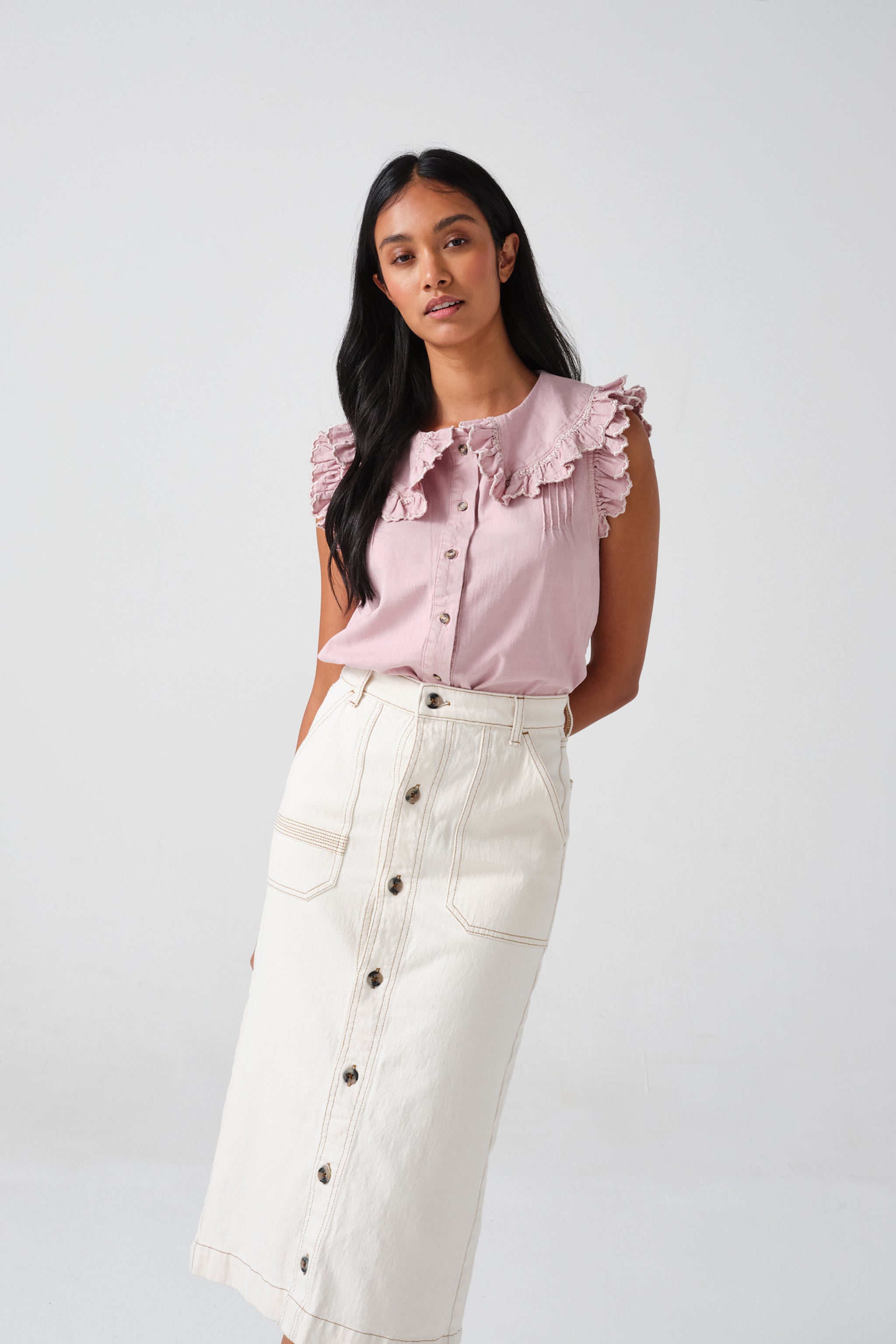 Elodie Midi Skirt in Ecru Denim - seventy + mochi