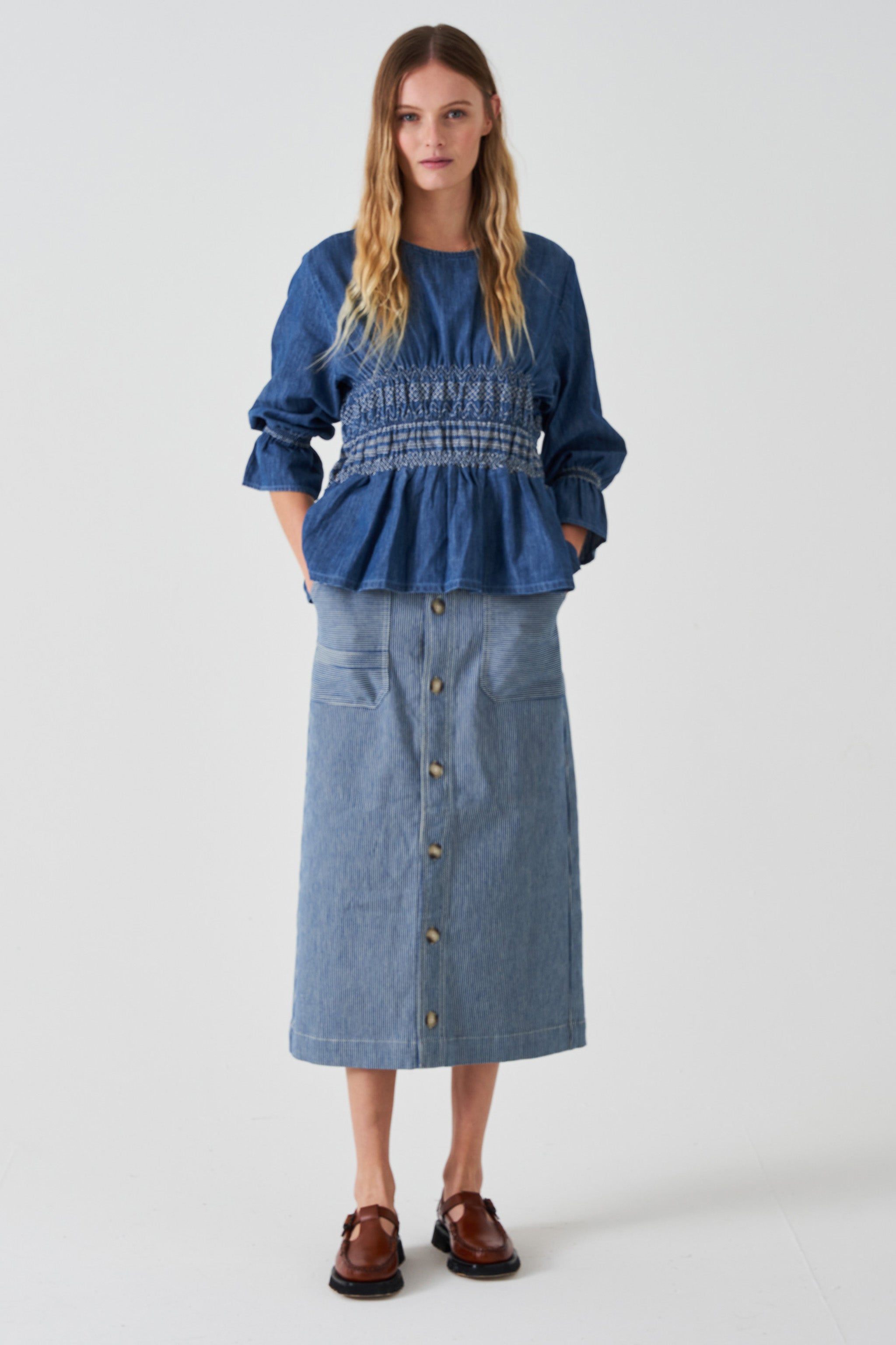 Elodie Midi Skirt in Striped Denim - seventy + mochi