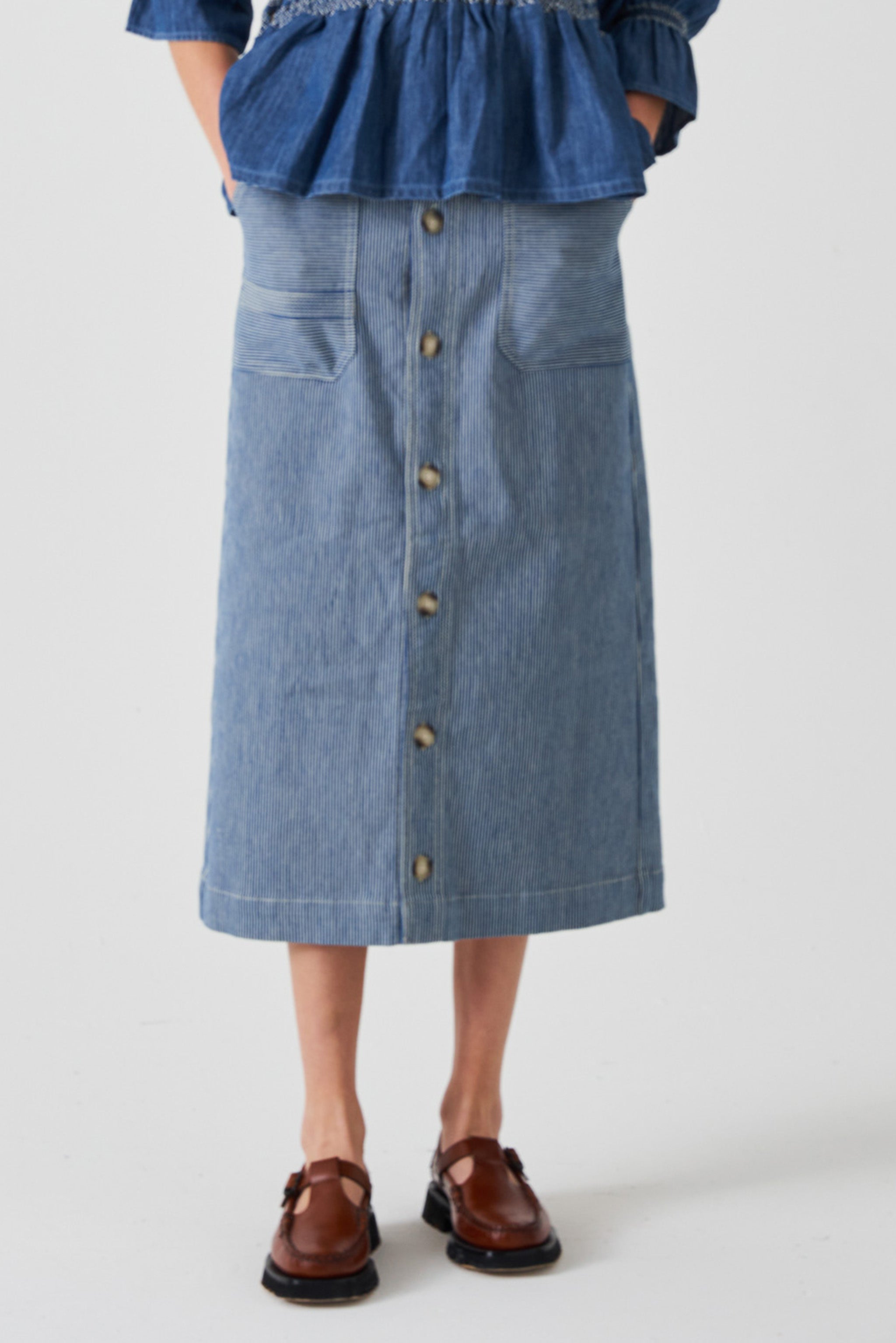 Elodie Midi Skirt in Striped Denim - seventy + mochi