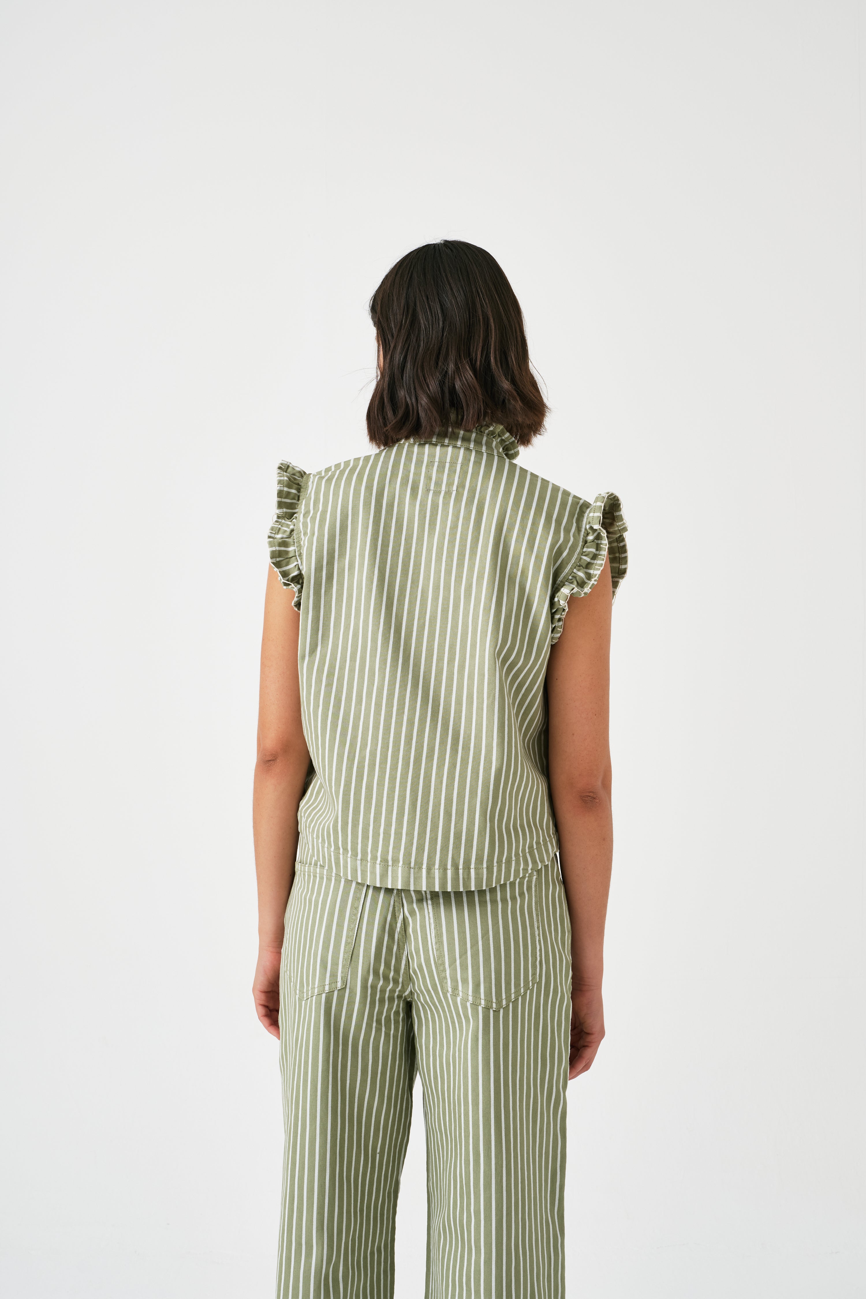 Pablo Denim Vest in Moss Wide Stripe - seventy + mochi