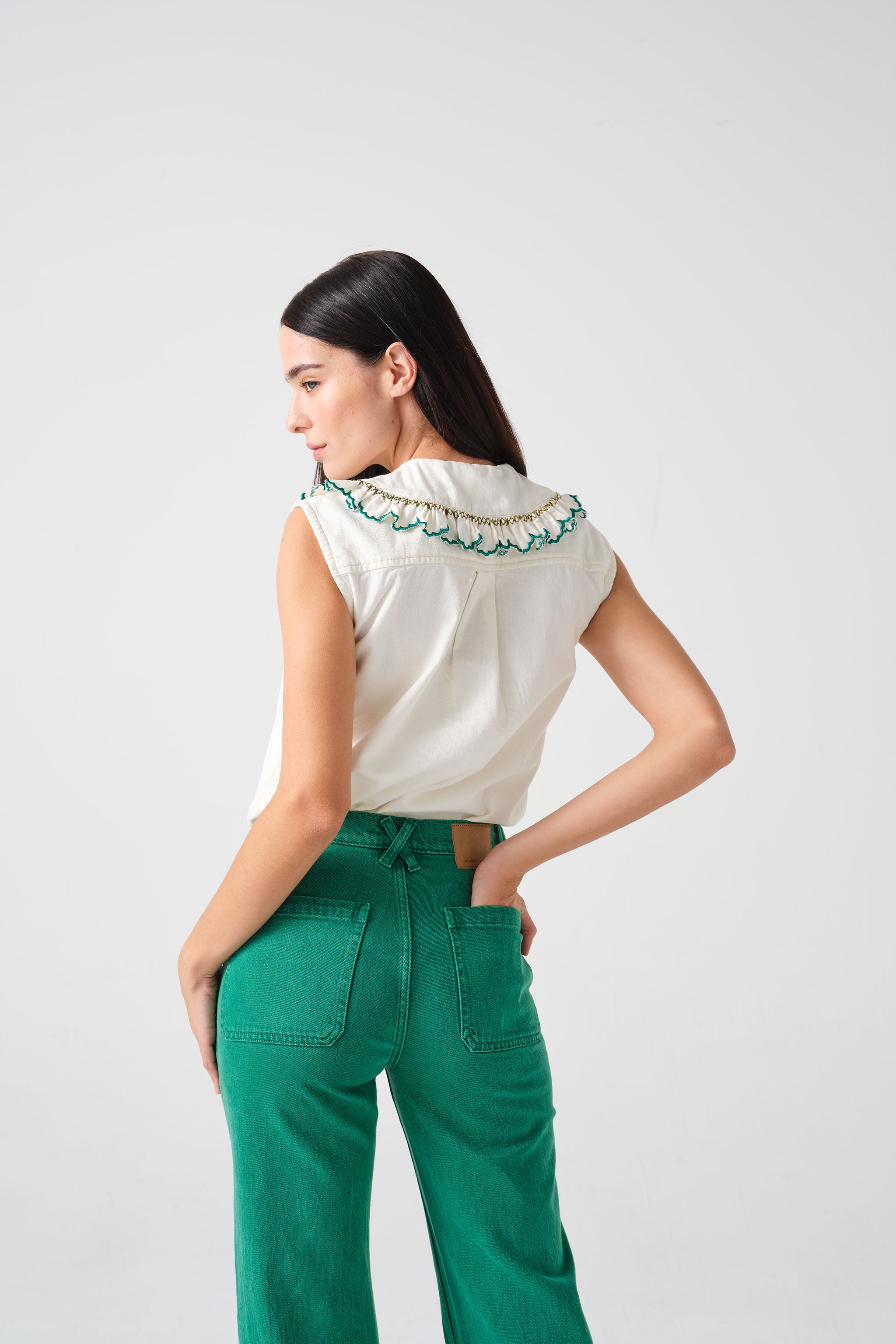 Daisy Blouse Sleeveless in Ecru Denim - seventy + mochi