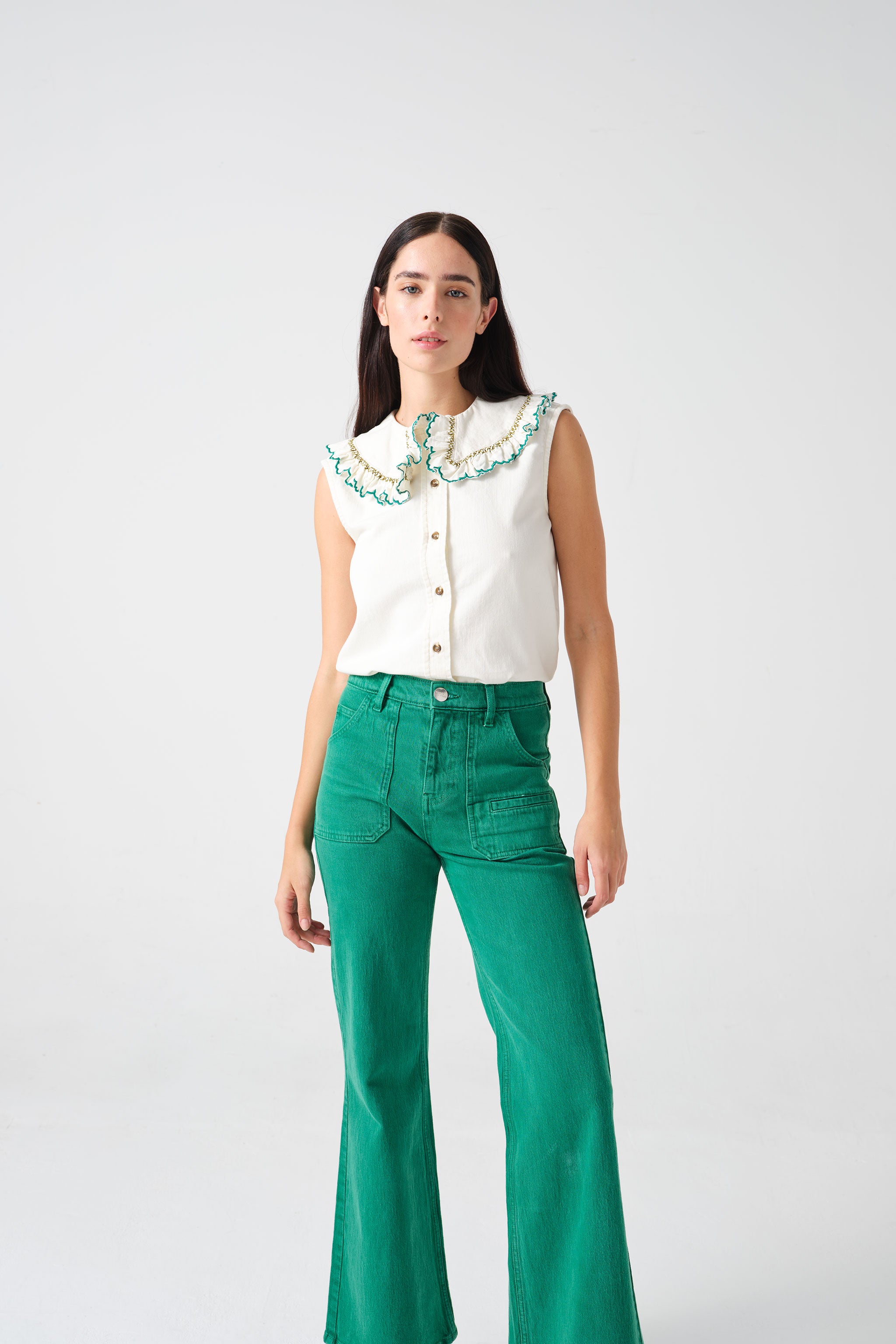 Daisy Blouse Sleeveless in Ecru Denim - seventy + mochi