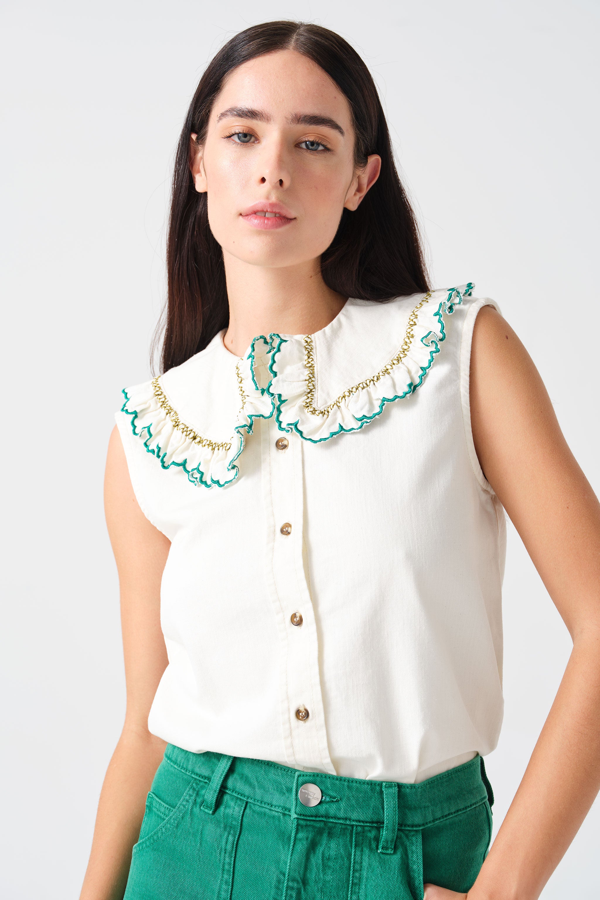 Daisy Blouse Sleeveless in Ecru Denim - seventy + mochi