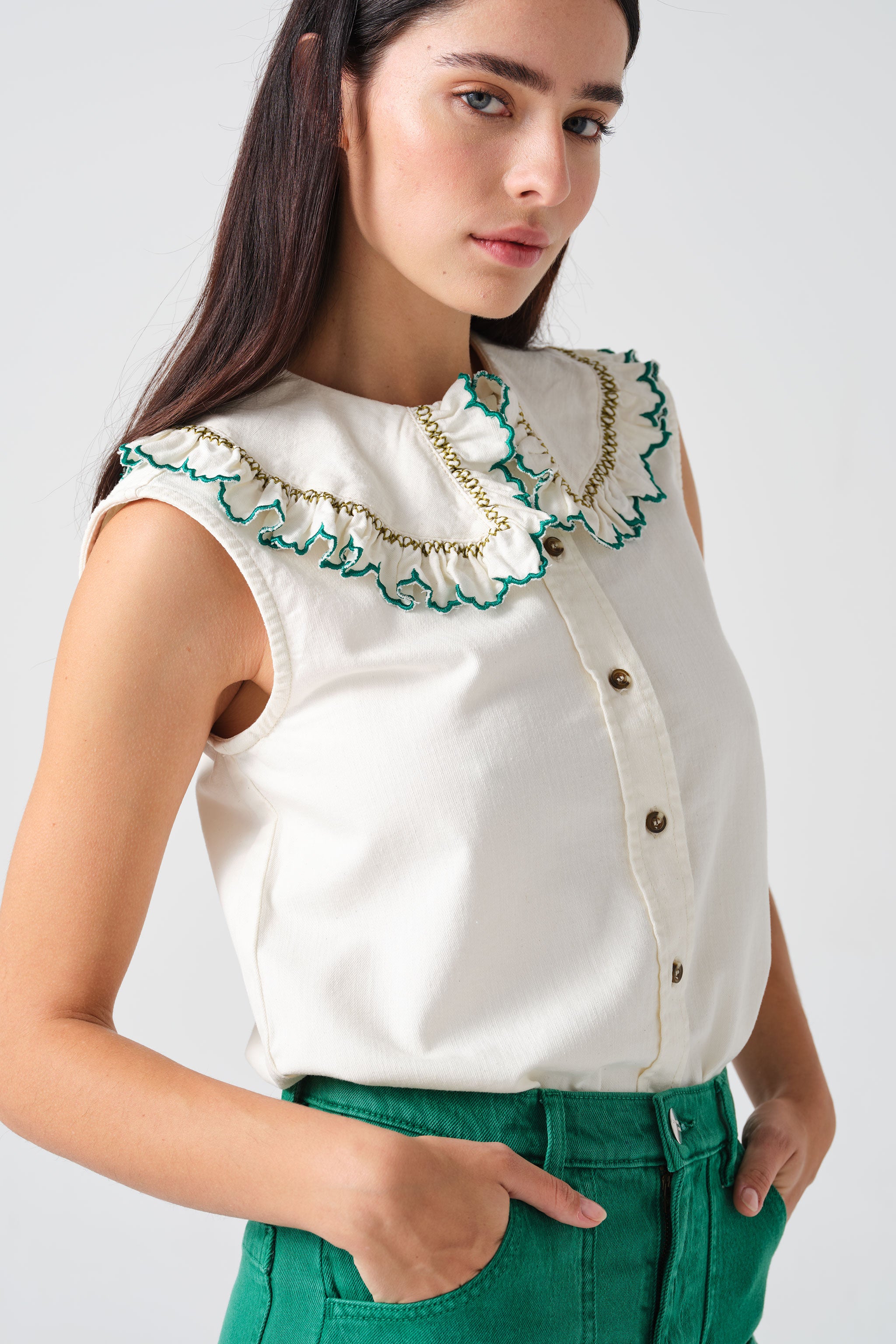 Daisy Blouse Sleeveless in Ecru Denim - seventy + mochi