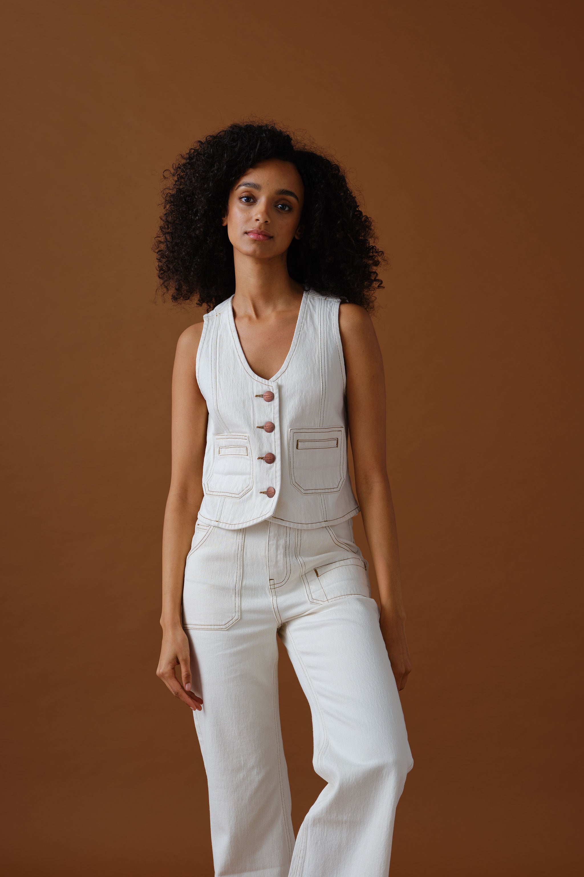 Bea Waistcoat in Ecru Denim - seventy + mochi