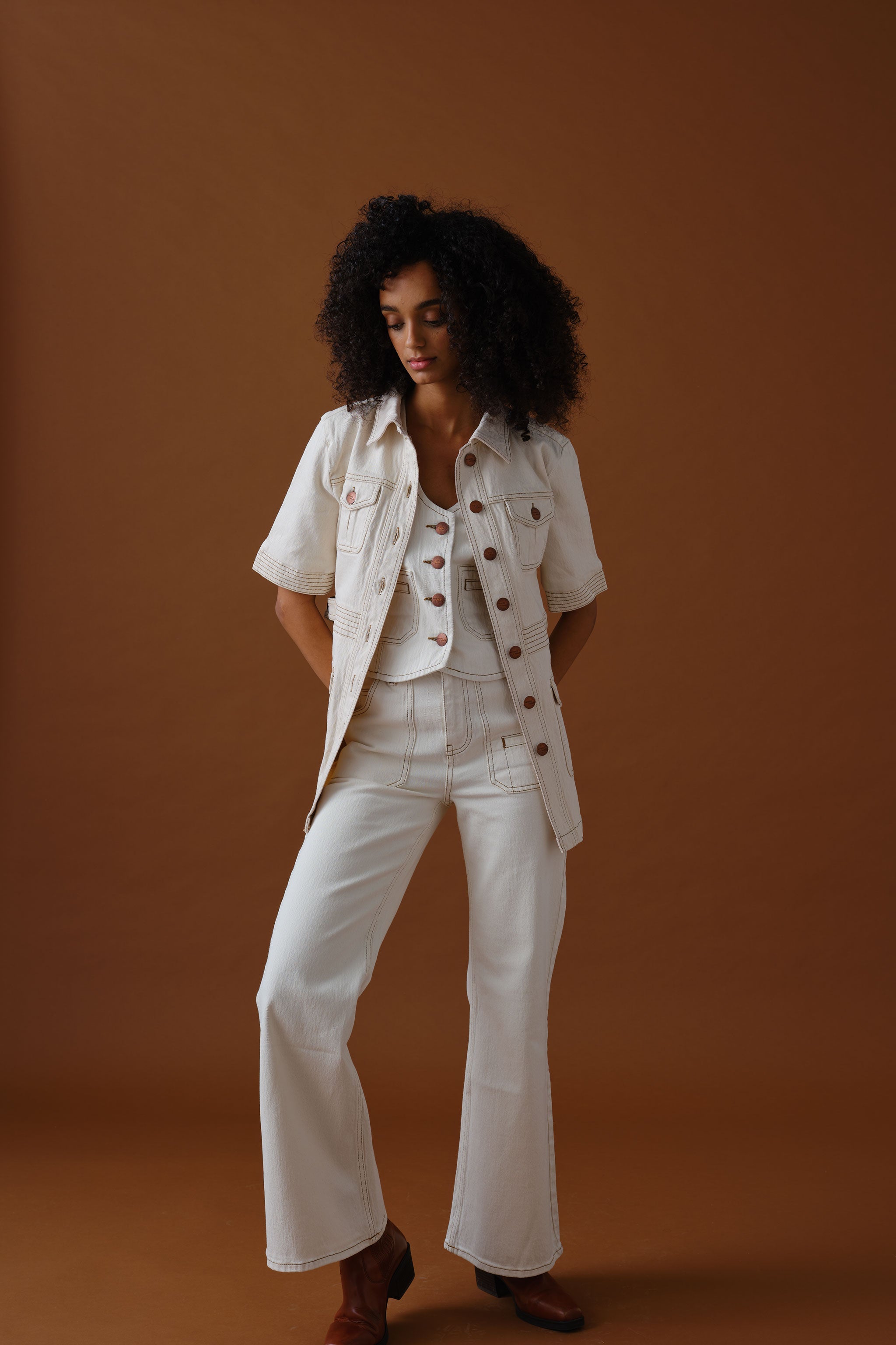 Bea Waistcoat in Ecru Denim - seventy + mochi