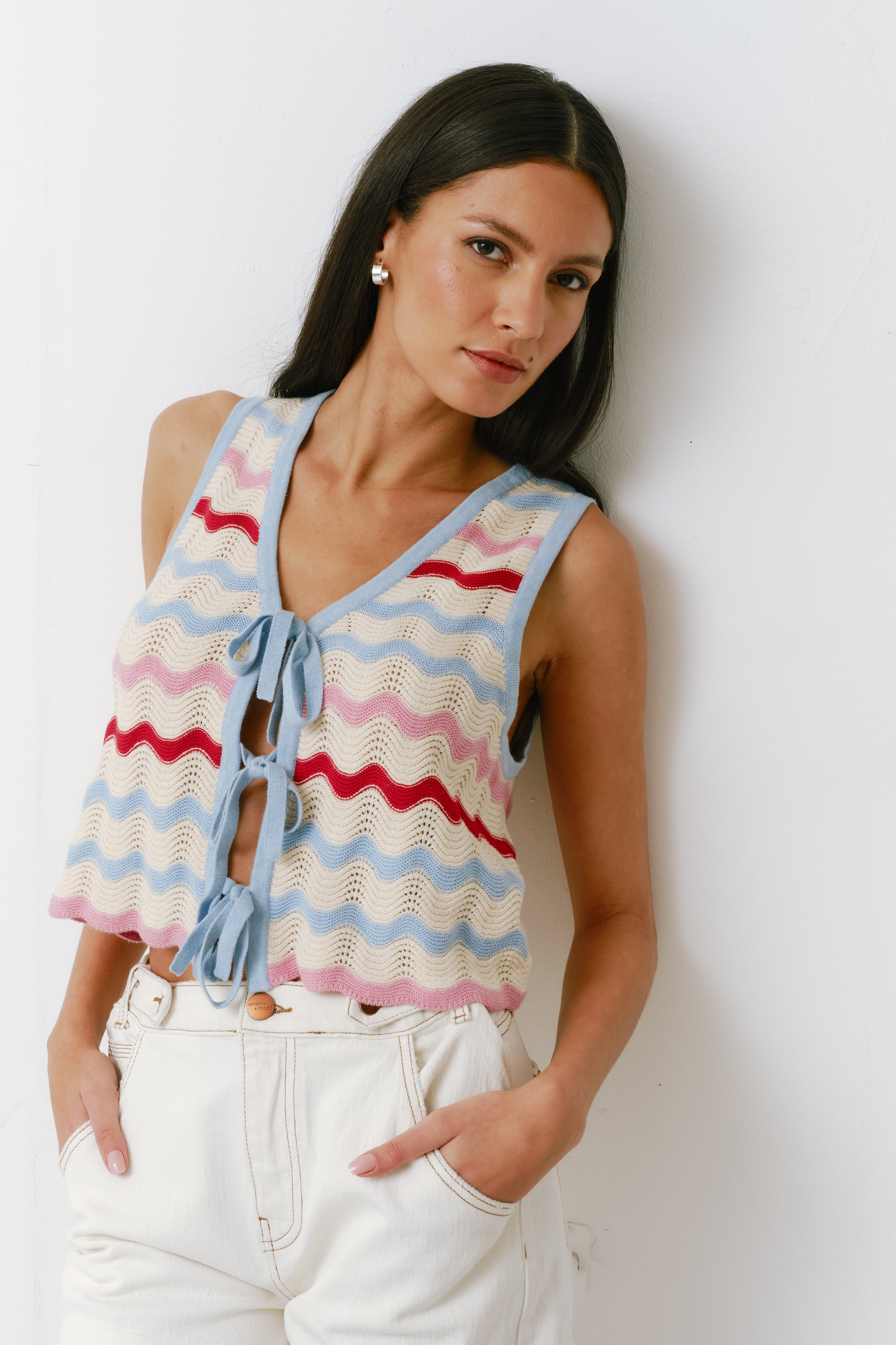 Edie Cashmere Tie Vest in Baby Blue Stripe - seventy + mochi