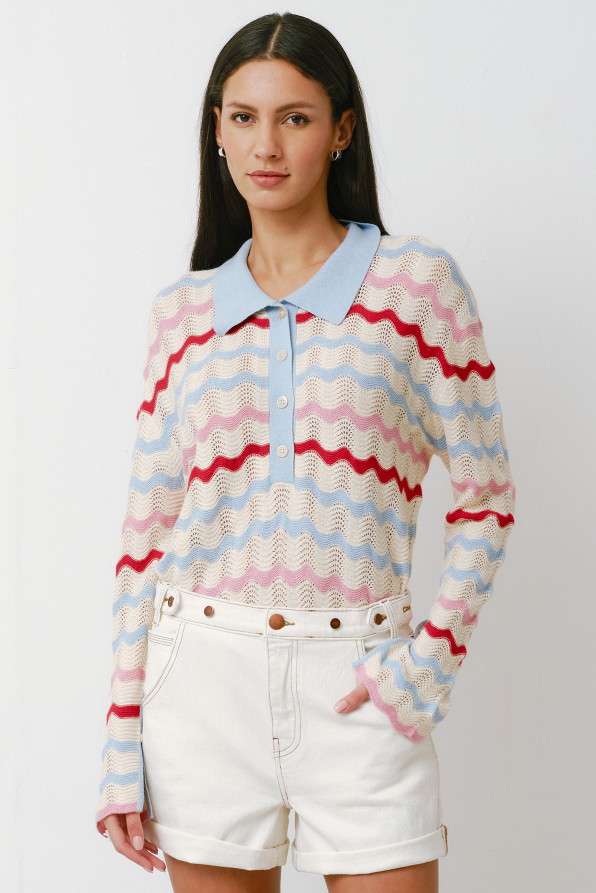 Edie Henley Cashmere Top in Baby Blue Stripe - seventy + mochi