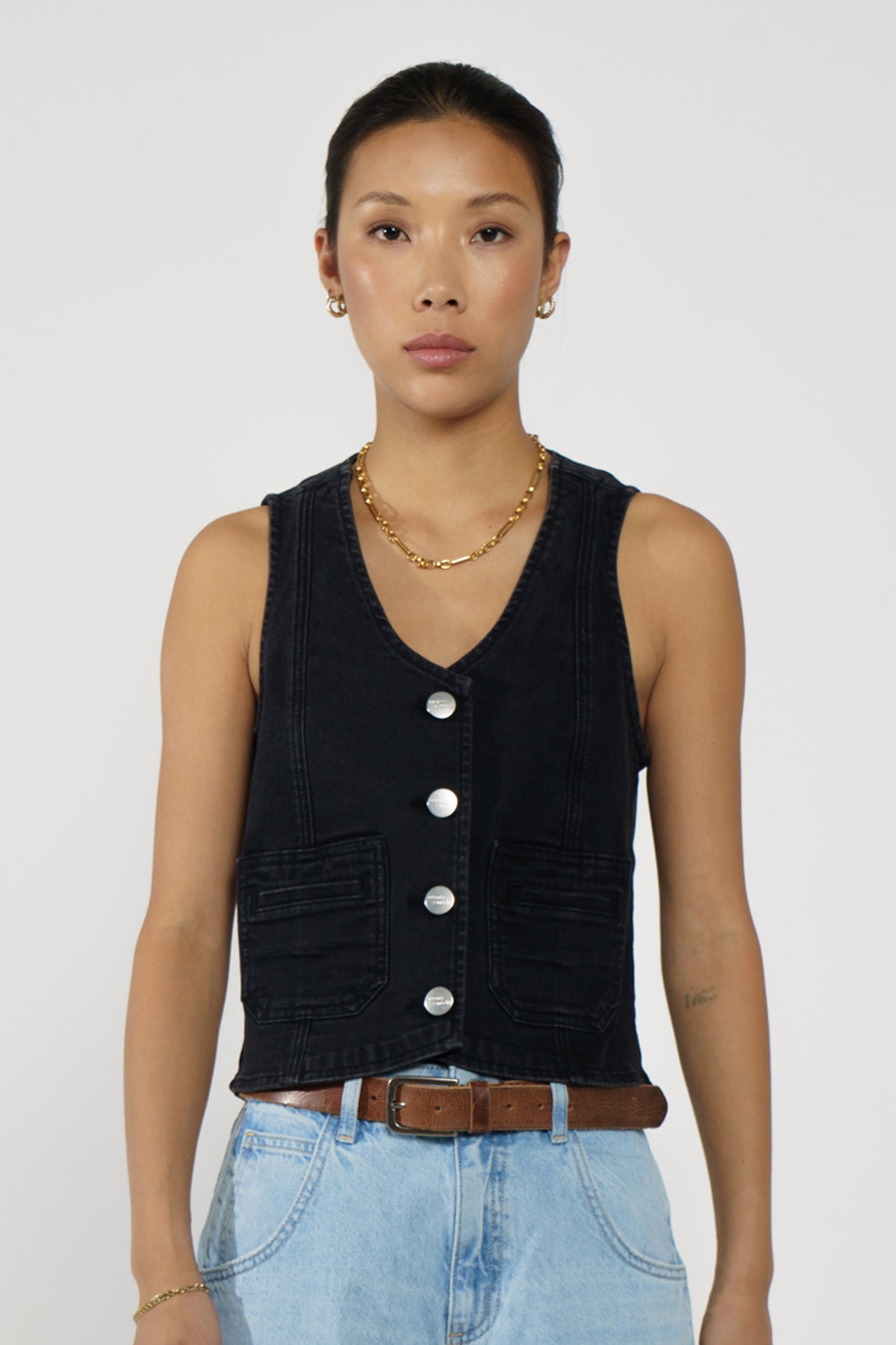 Bea Denim Vest in Black - seventy + mochi