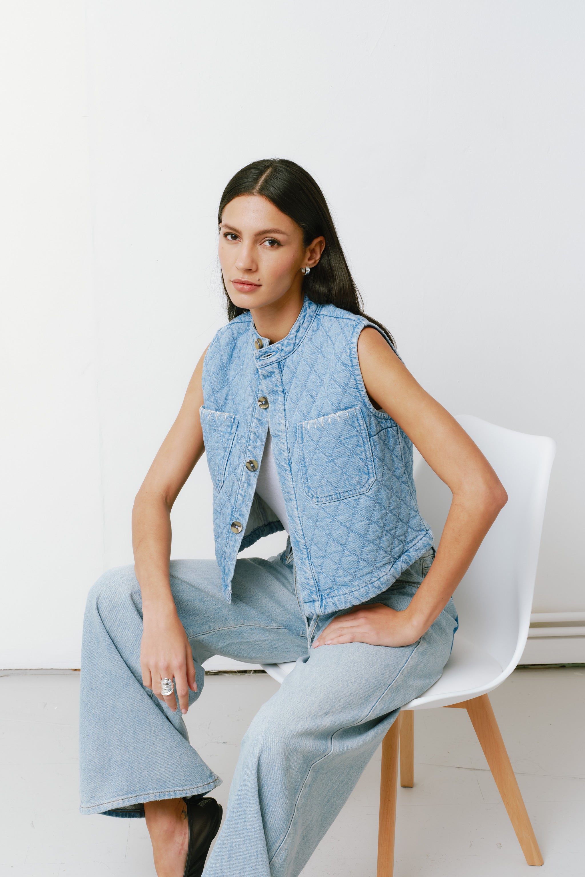 Pablo Quilted Denim Vest in Summer Sky - seventy + mochi