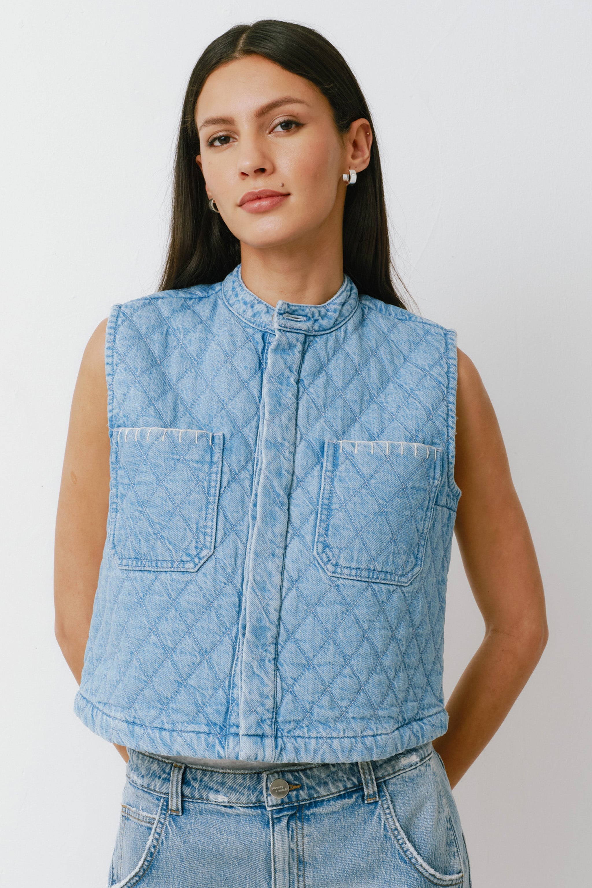 Pablo Quilted Denim Vest in Summer Sky - seventy + mochi