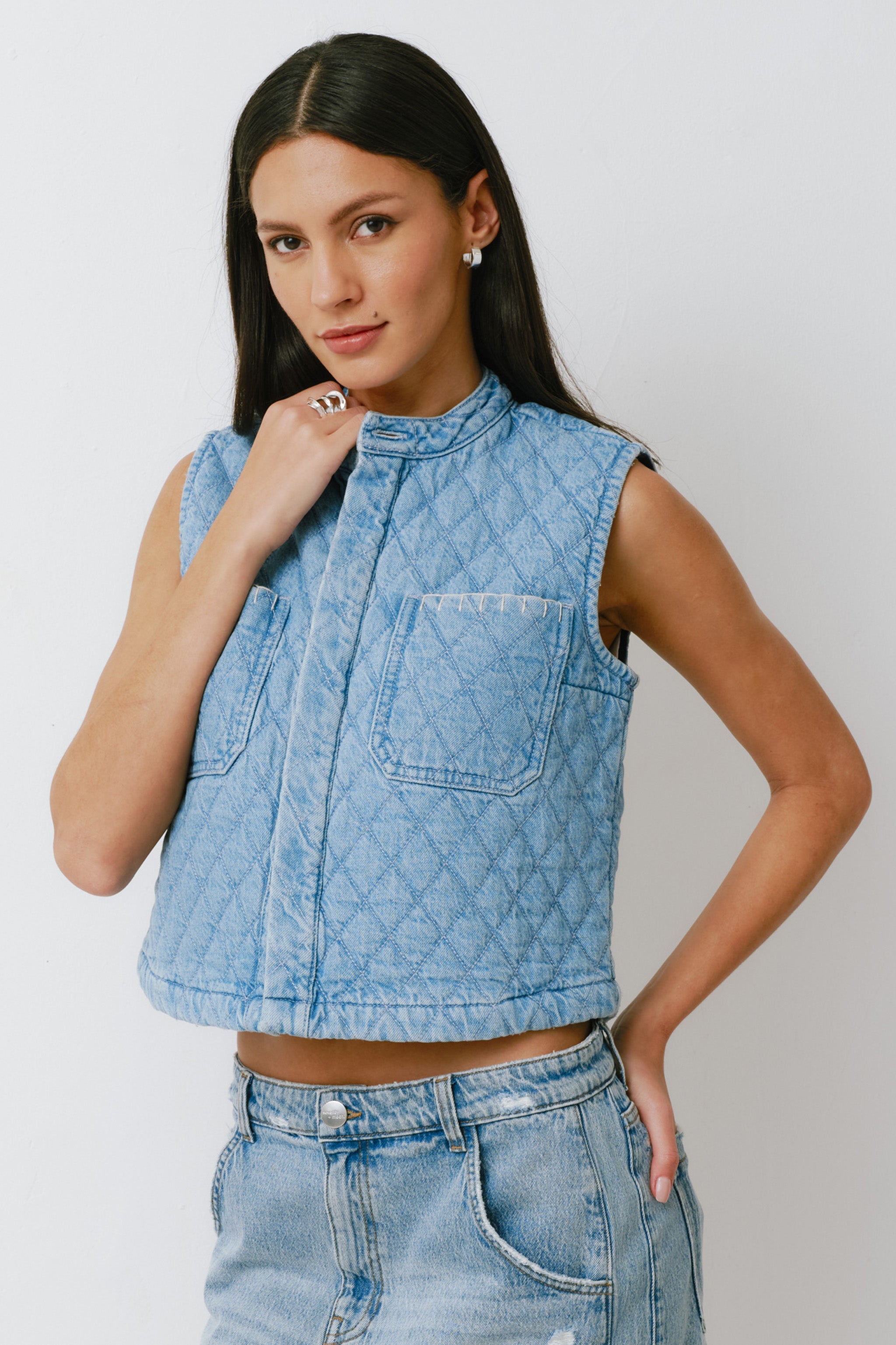Pablo Quilted Denim Vest in Summer Sky - seventy + mochi