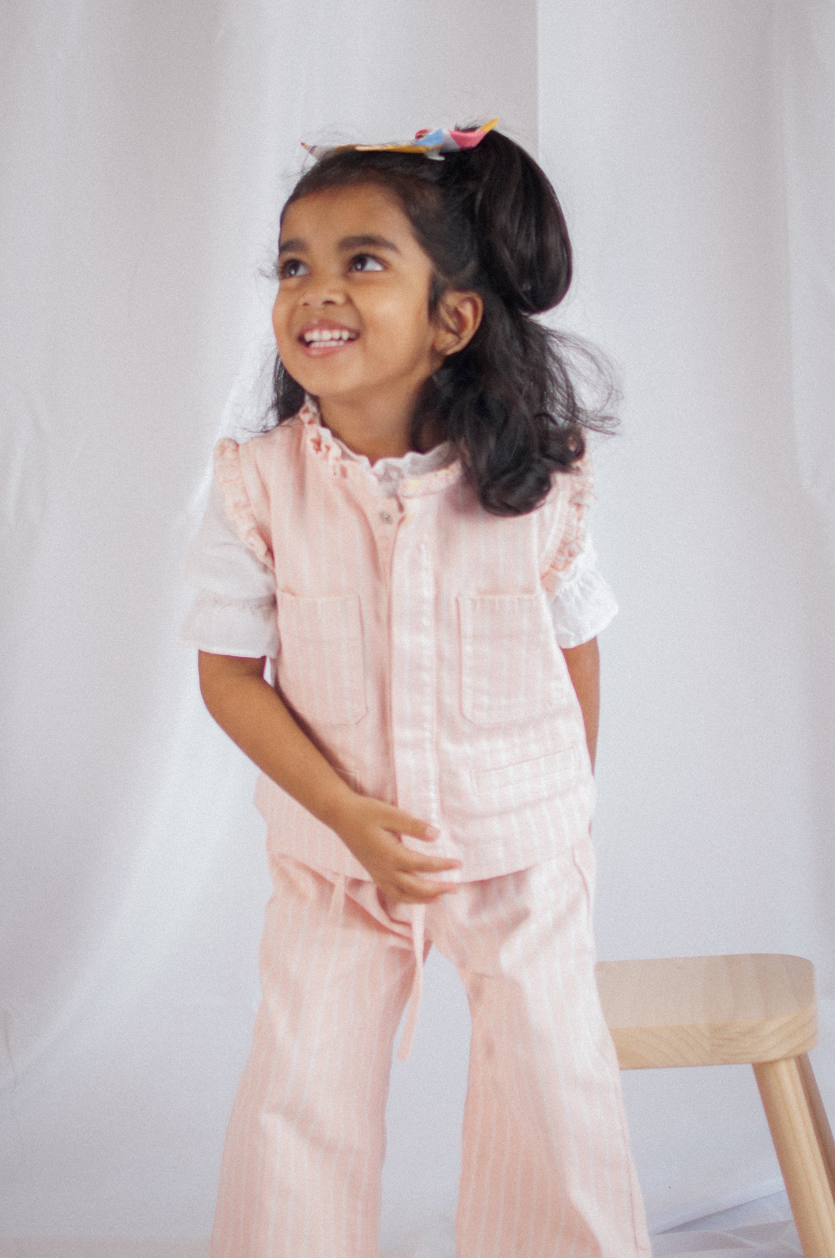 Girl's Pablo Denim Vest in Pink Dawn Wide Stripe - seventy + mochi