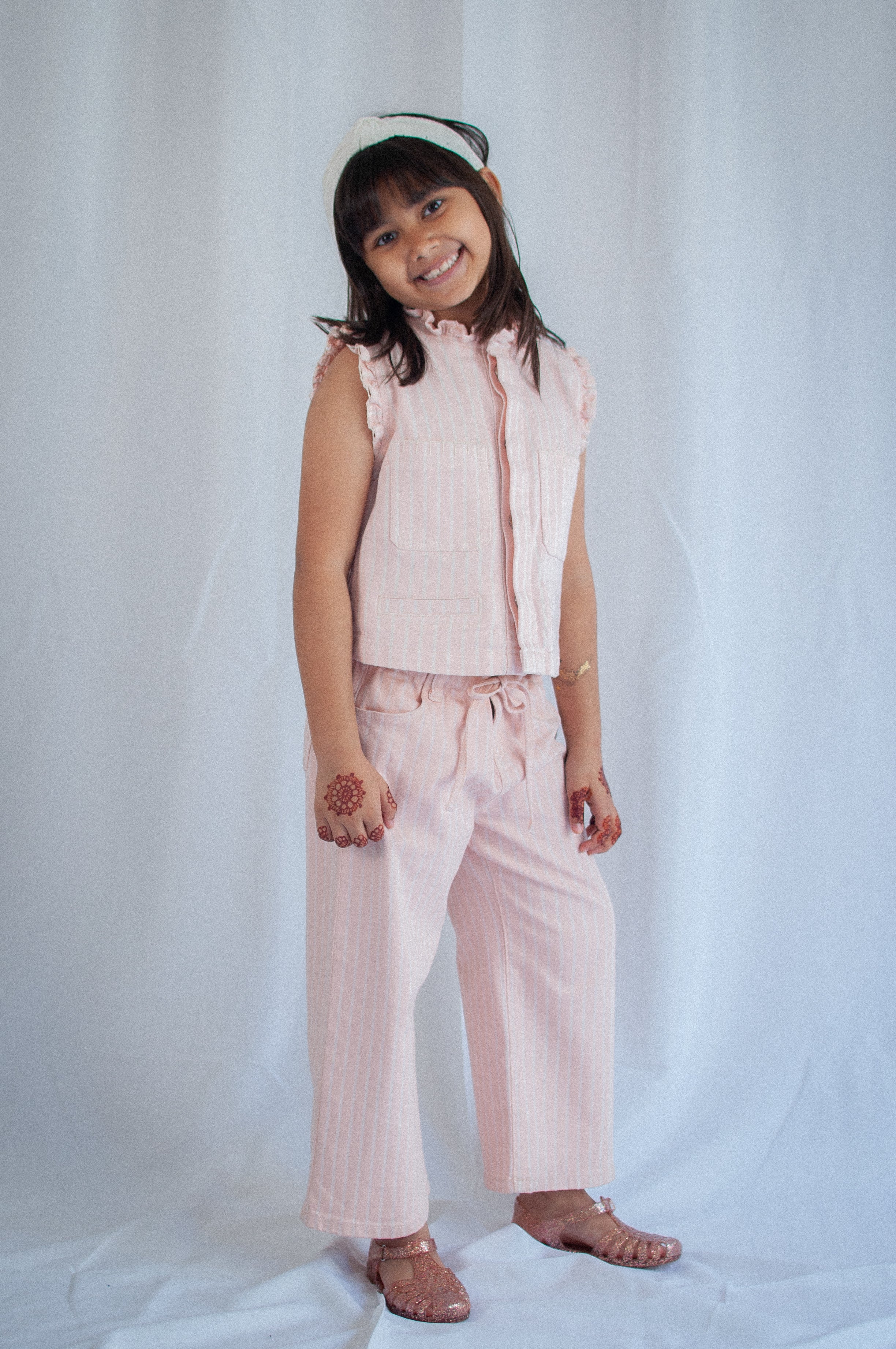 Girl's Pablo Denim Vest in Pink Dawn Wide Stripe - seventy + mochi