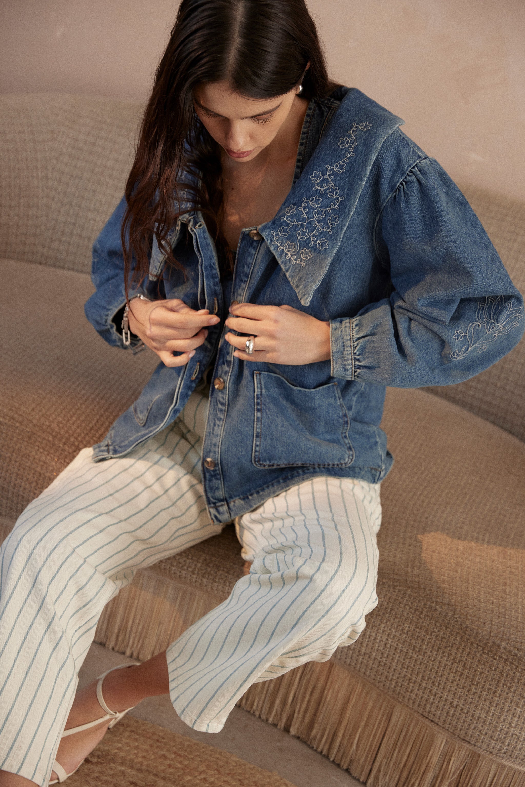 Neve Flower-Embroidered Denim Jacket in Pasadena - seventy + mochi