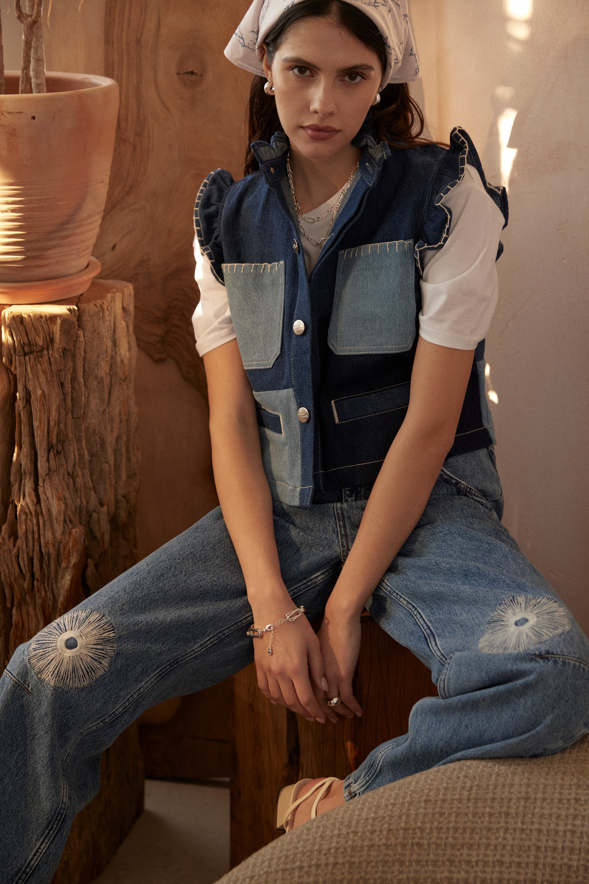 Pablo Vest in Patched Denim - seventy + mochi