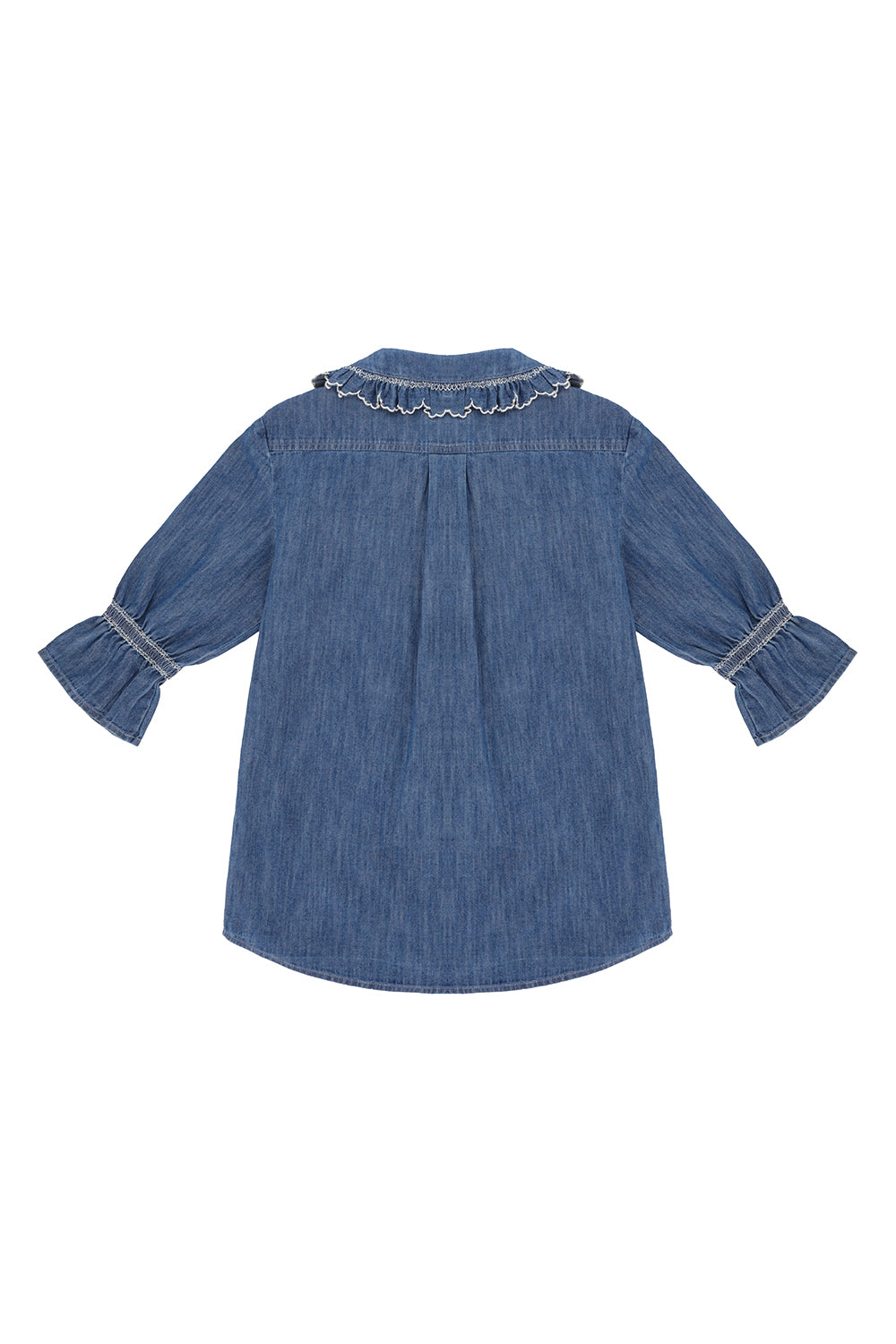 an indigo denim blouse with white embroidery frill on the collar and sleeves on a white background