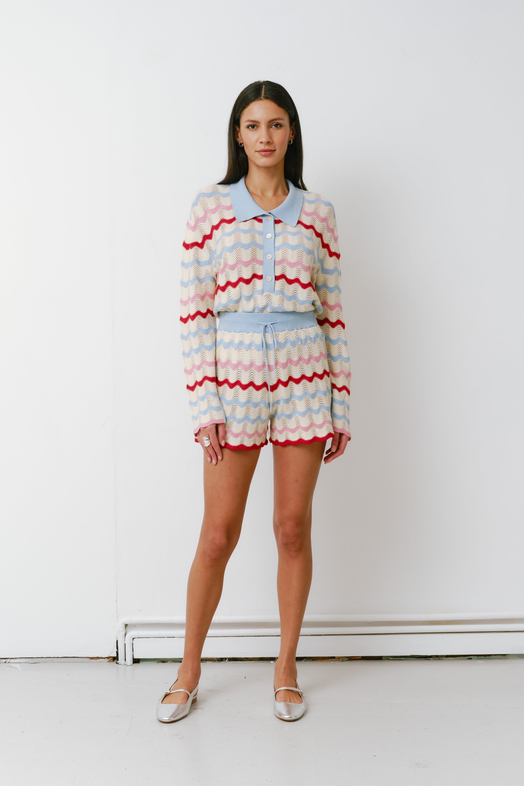 Edie Henley Cashmere Top in Baby Blue Stripe - seventy + mochi