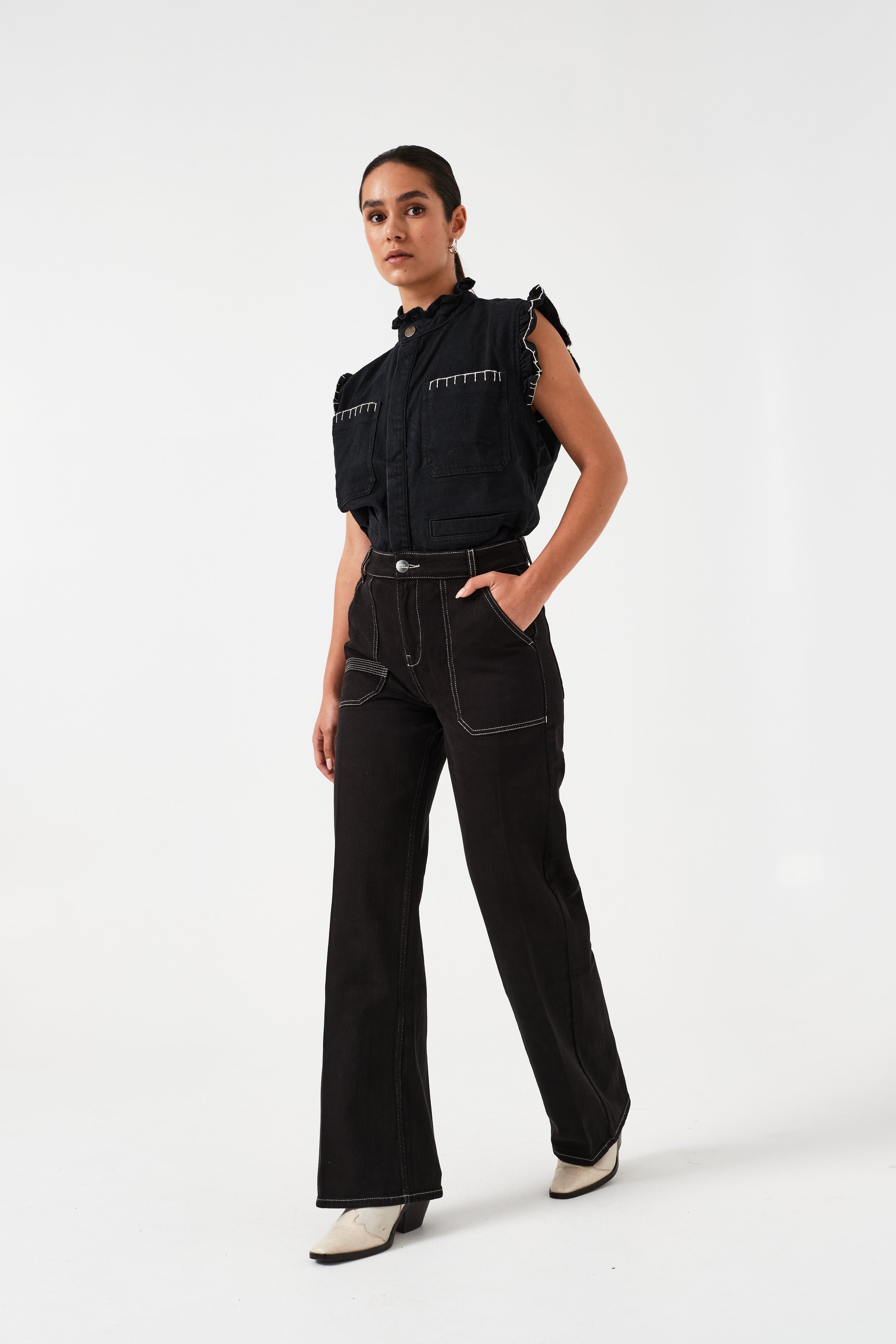 Elodie Full Length Jean in Black & Ecru Thread - seventy + mochi