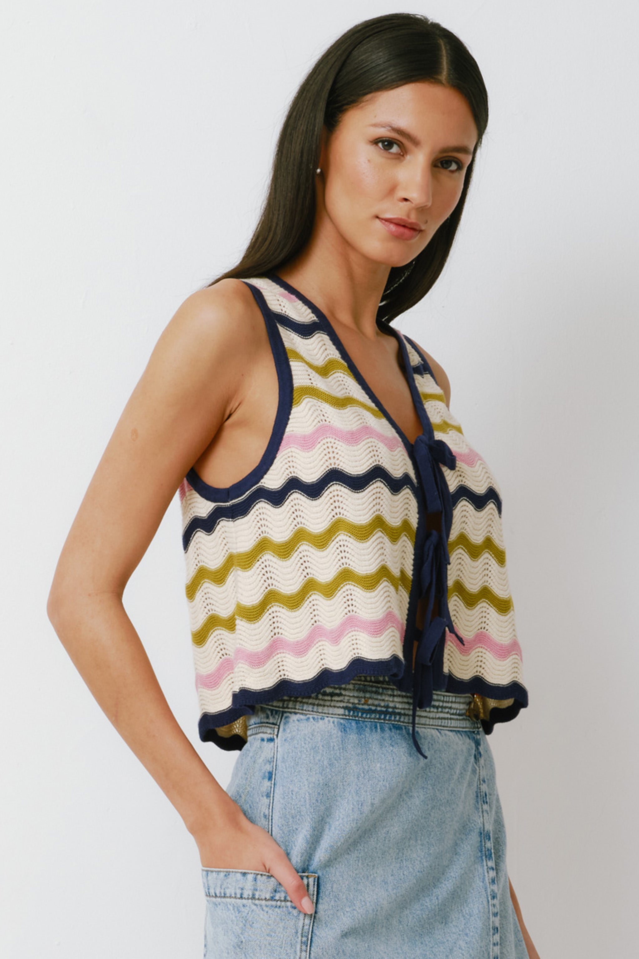 Edie Cashmere Tie Vest in Lime Stripe - seventy + mochi