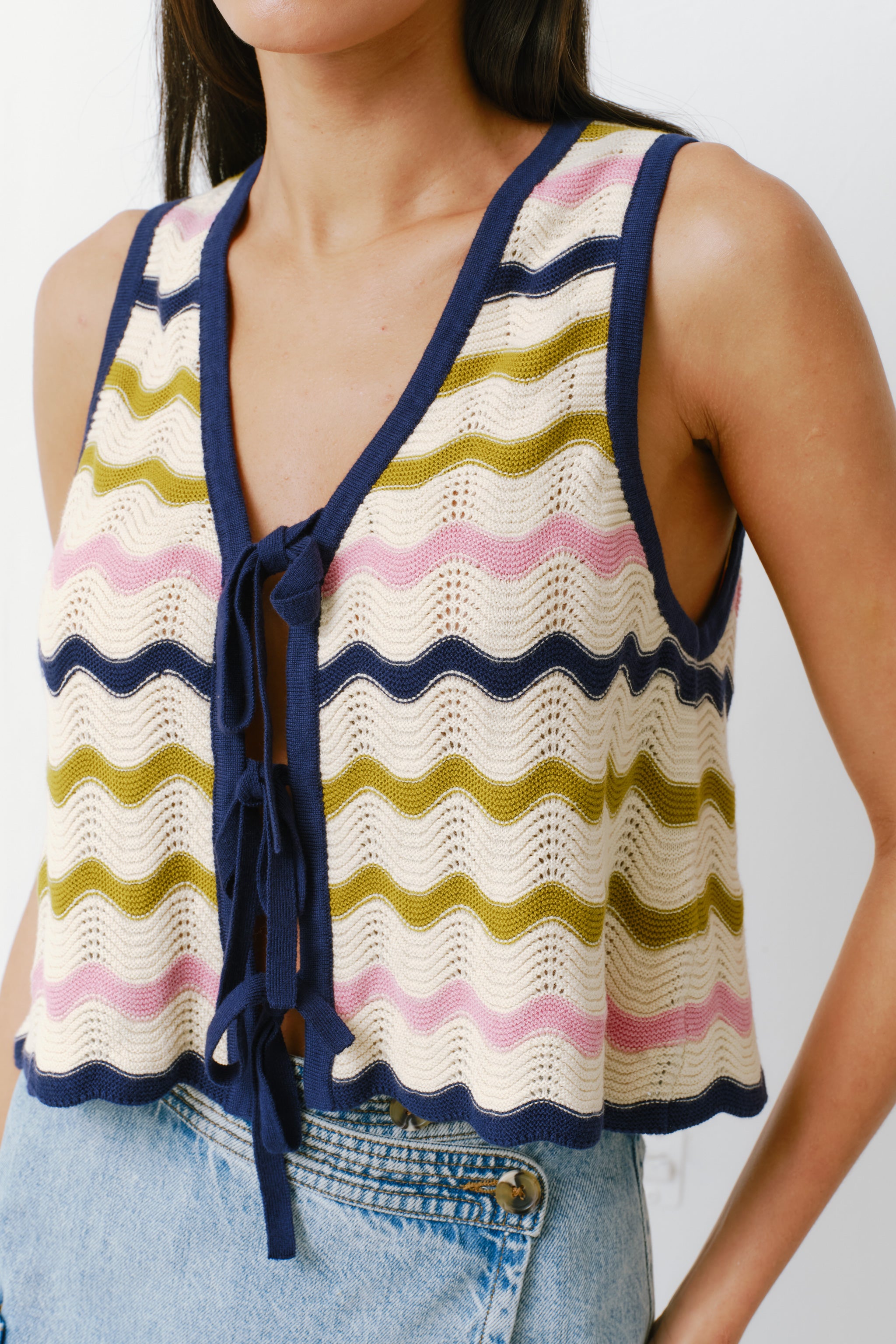 Edie Cashmere Tie Vest in Lime Stripe - seventy + mochi