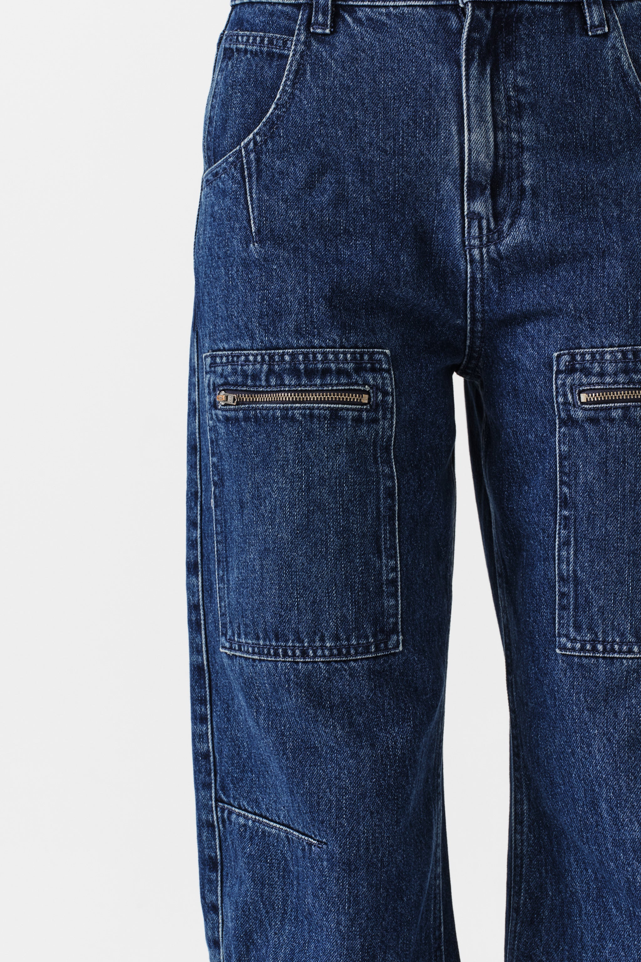 Womens blue jeans with cargo pockets and zip details on a white background