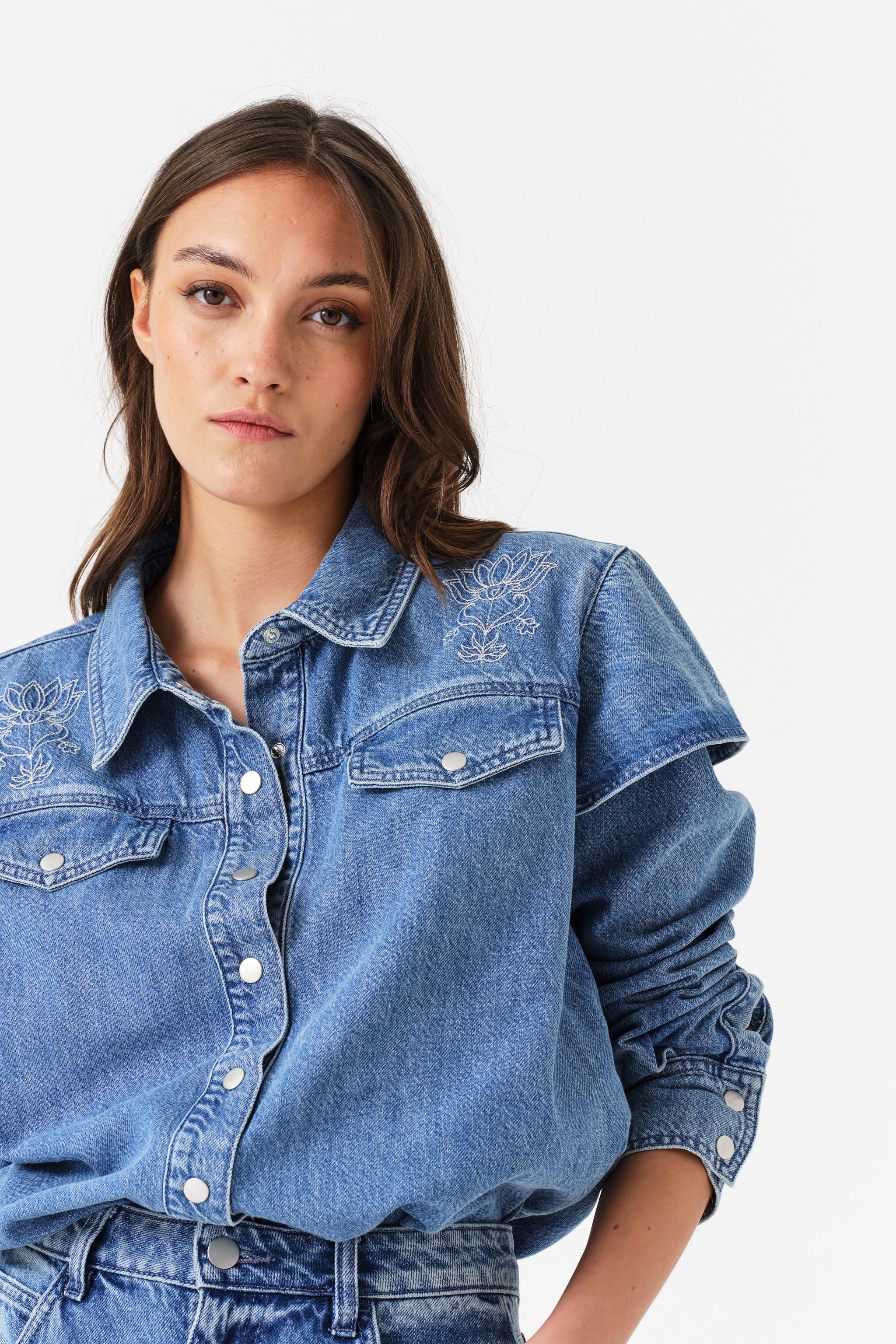 Juno Embroidered Denim Shirt in Malibu