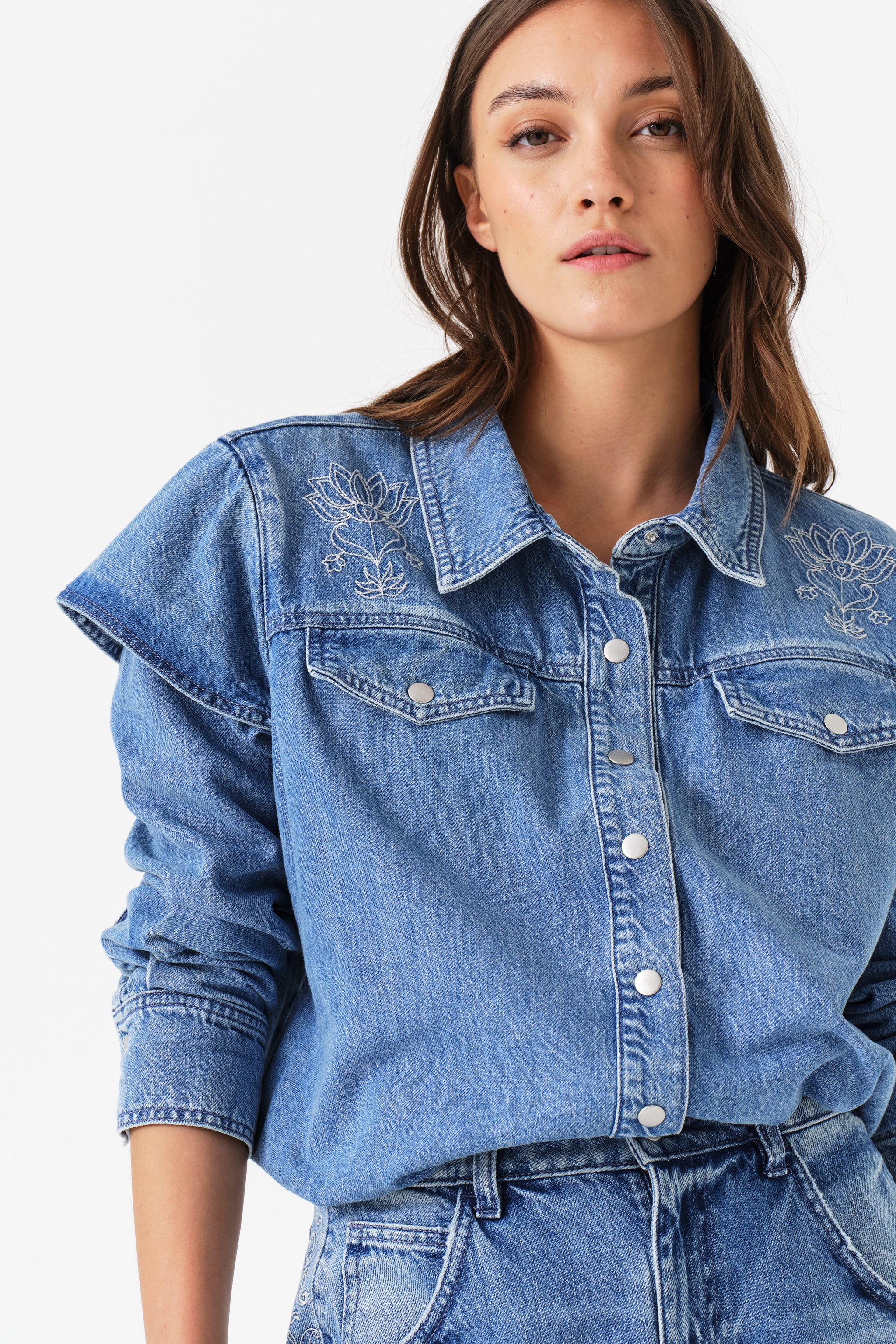 Juno Embroidered Denim Shirt in Malibu