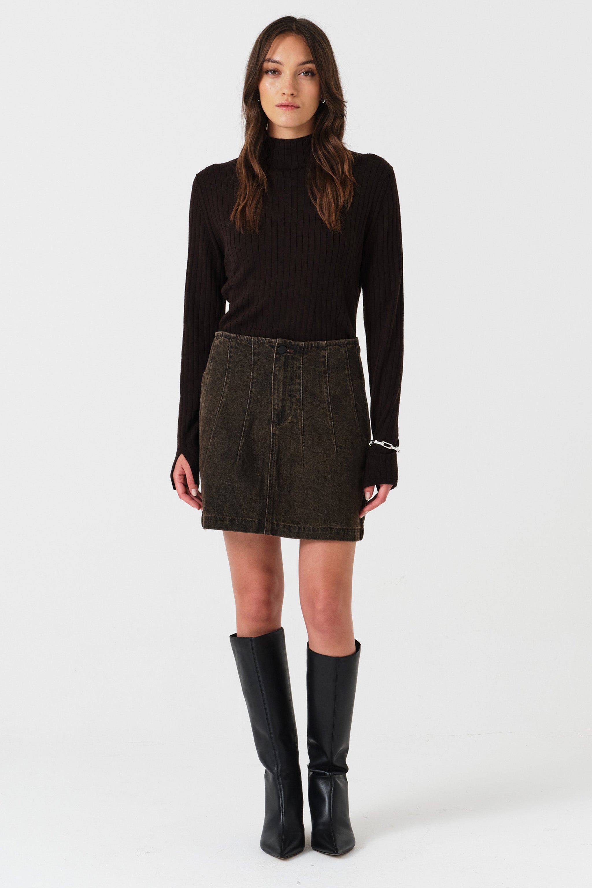 Noah Mini Denim Skirt in Cacao - seventy + mochi