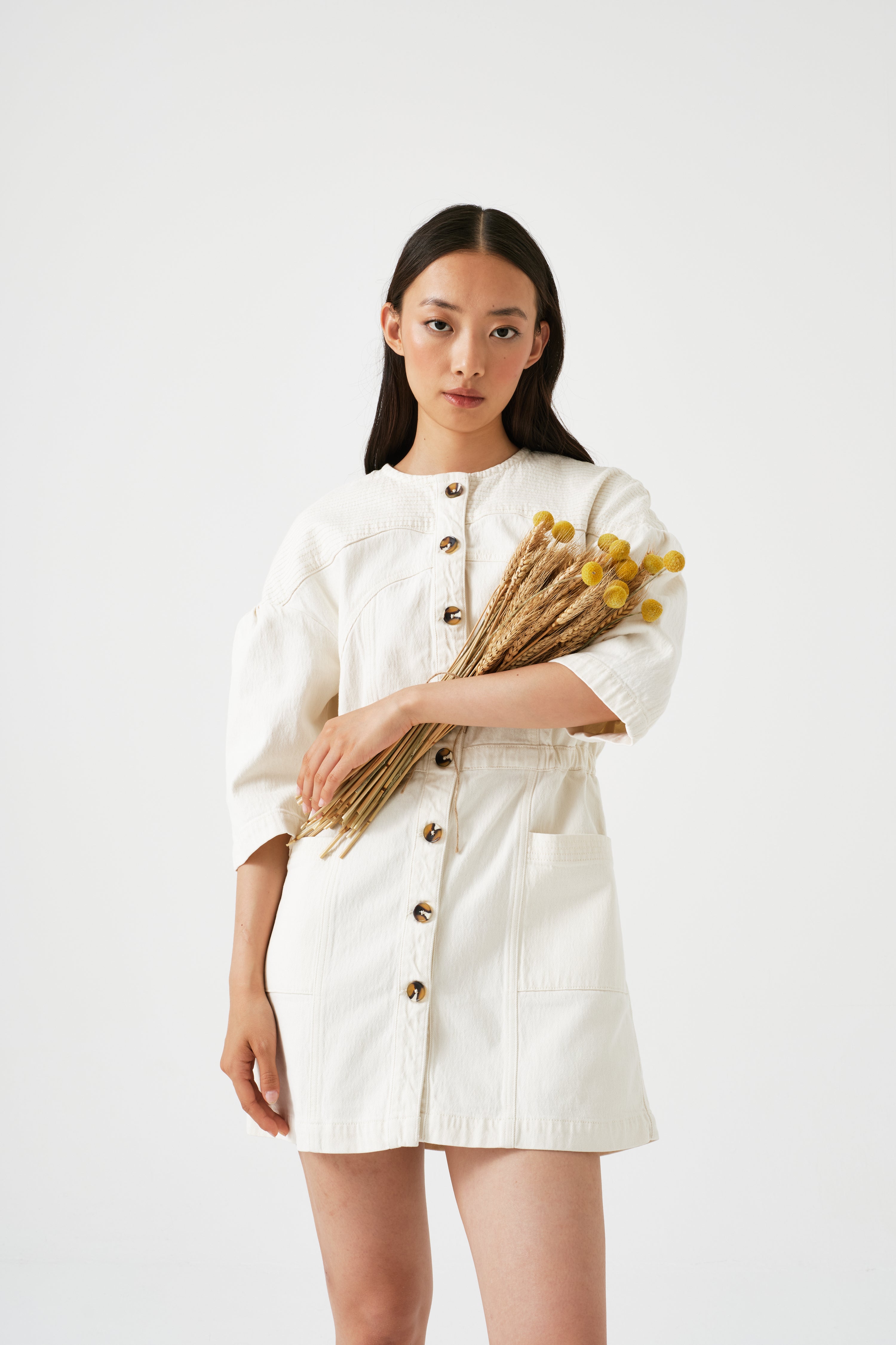 Zaha Mini Dress in Ecru - seventy + mochi