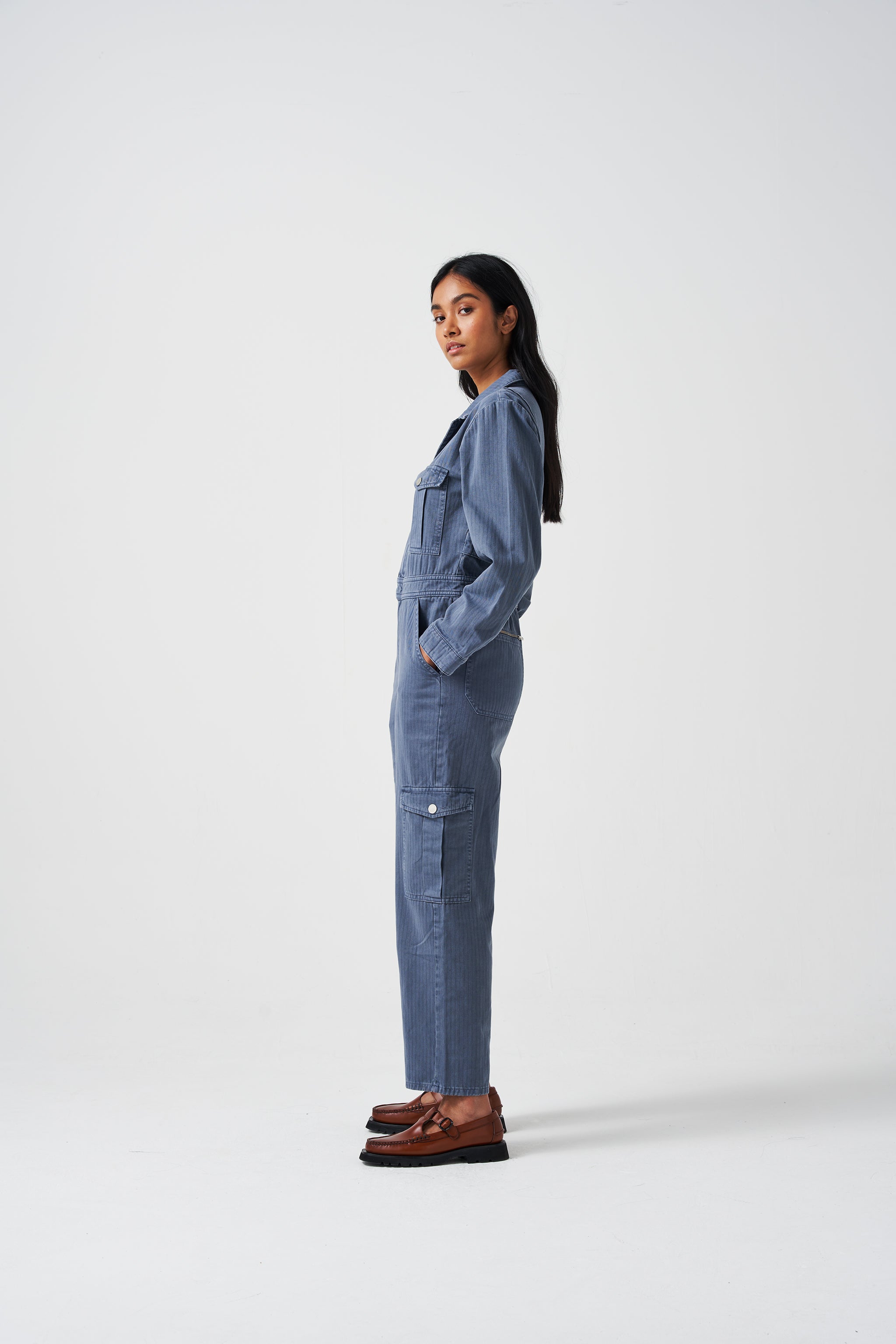 Patch Pocket Indie Jumpsuit in Washed Denim - seventy + mochi