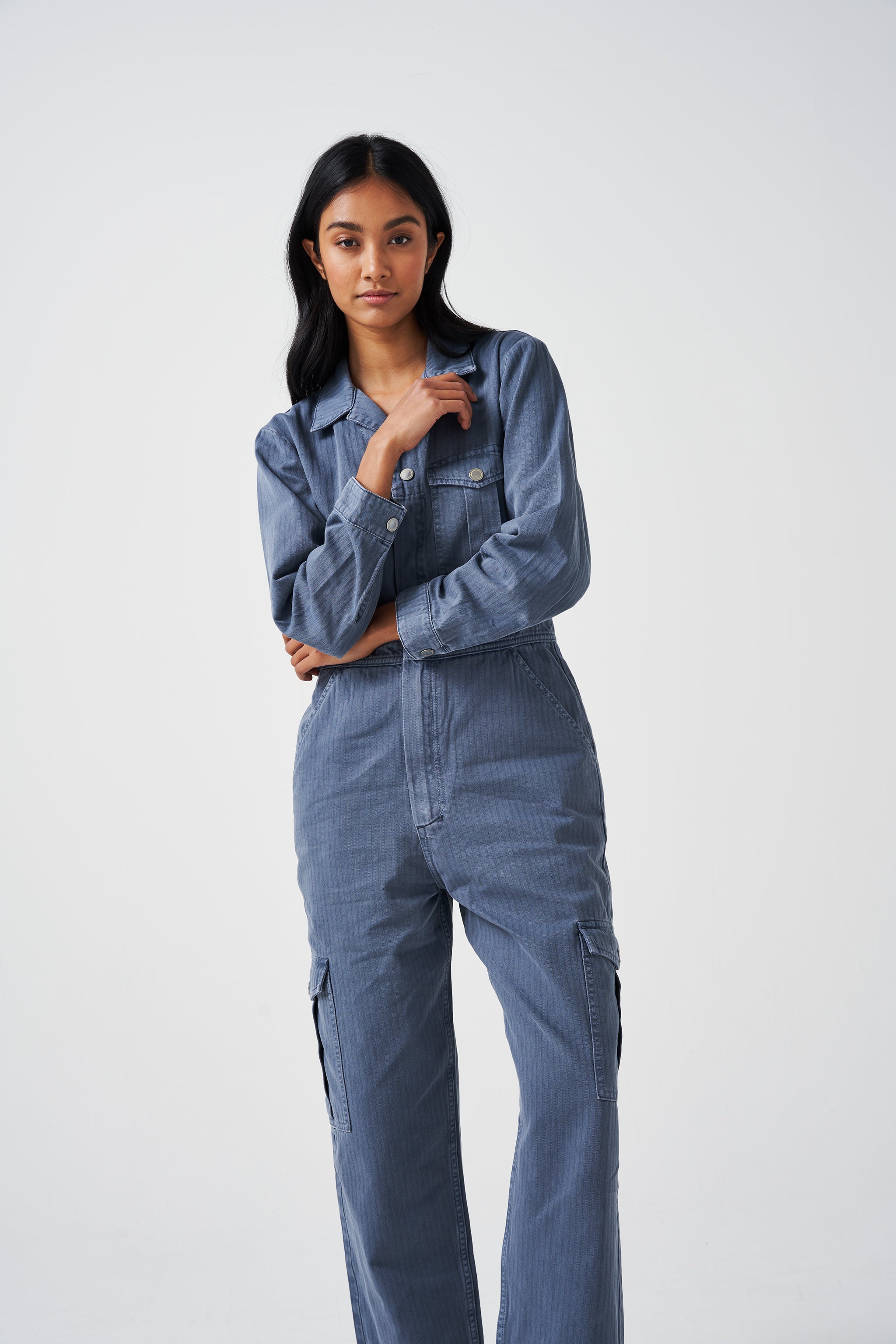 Patch Pocket Indie Jumpsuit in Washed Denim - seventy + mochi