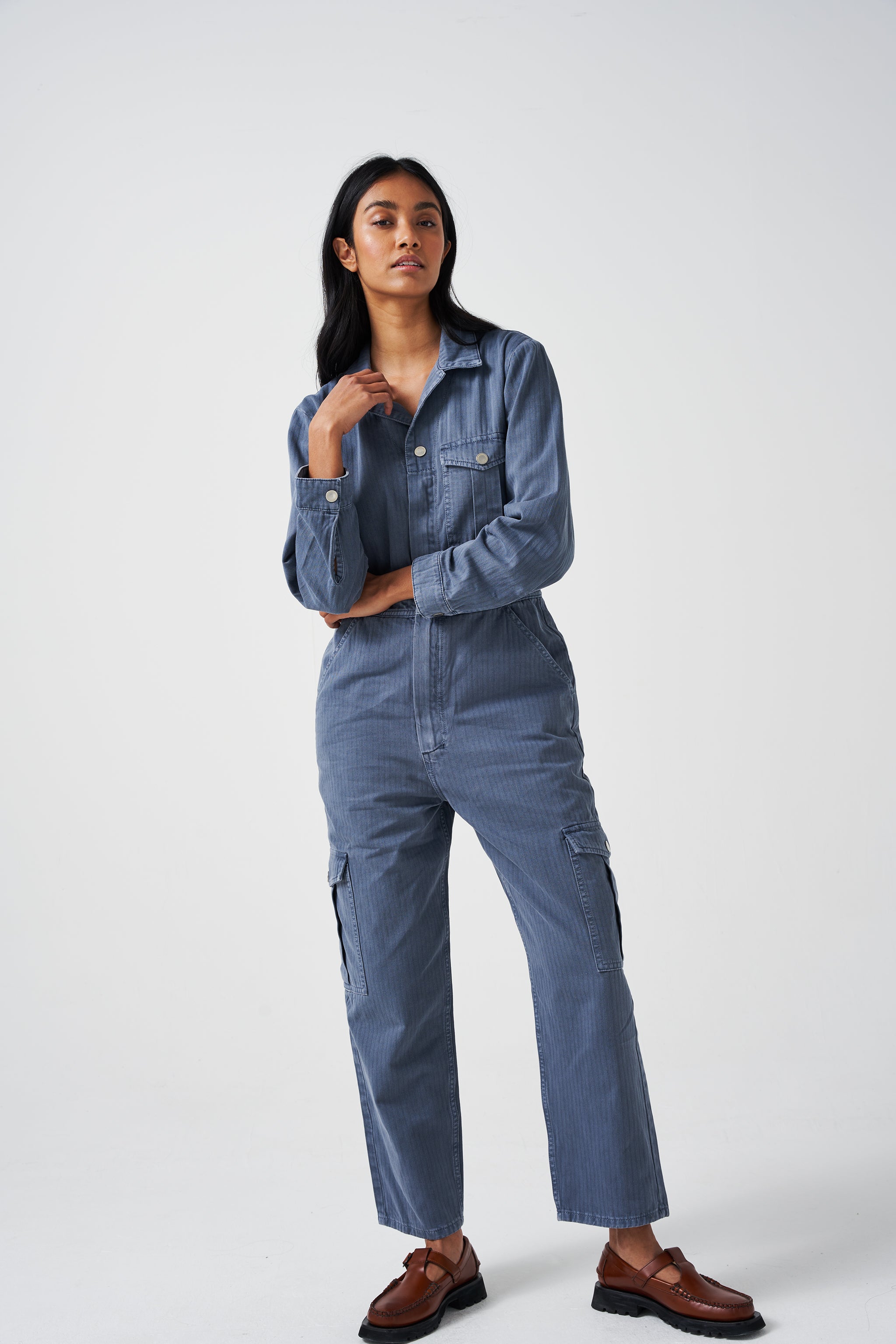 Patch Pocket Indie Jumpsuit in Washed Denim - seventy + mochi