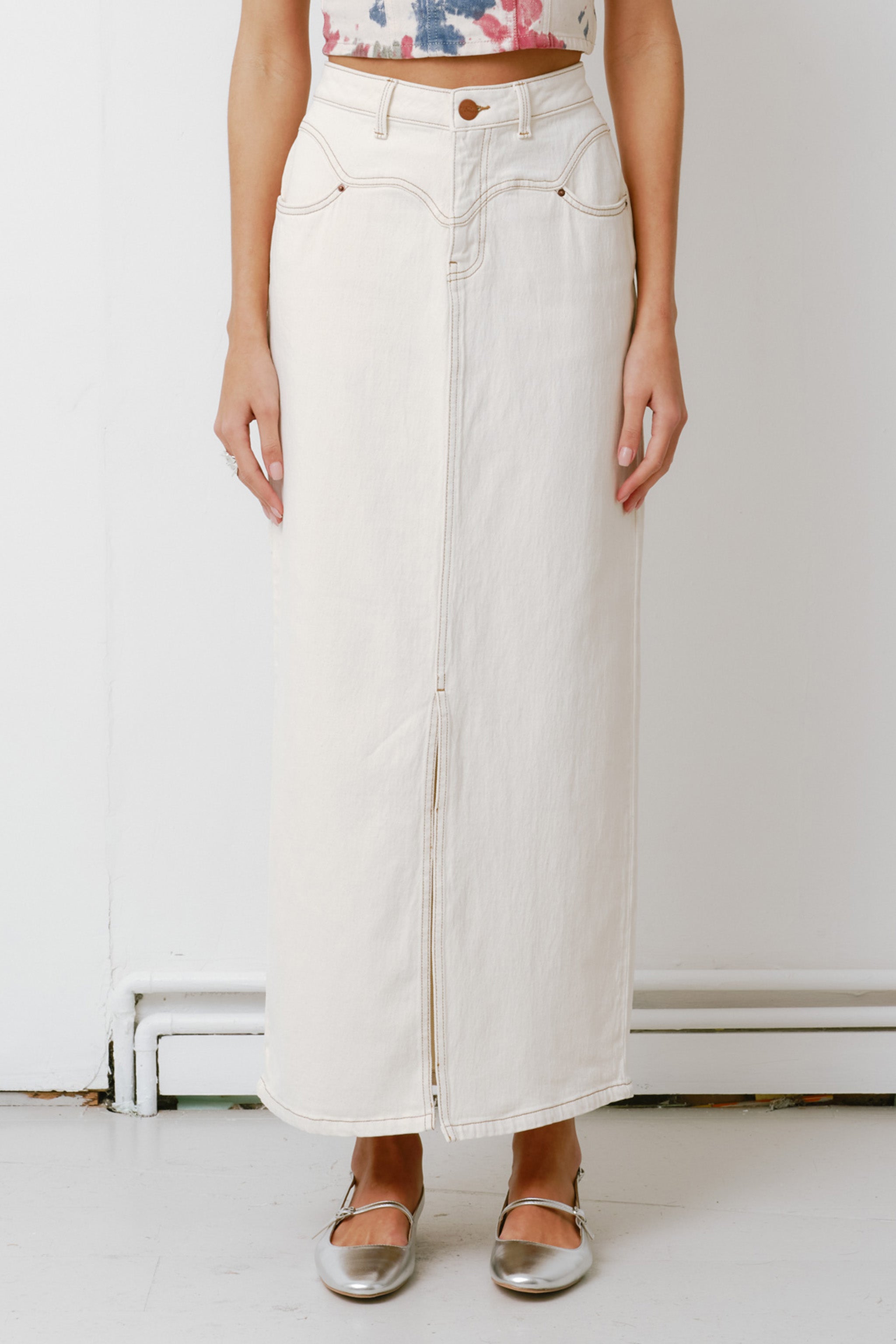 Mia Maxi Denim Skirt in Ecru - seventy + mochi