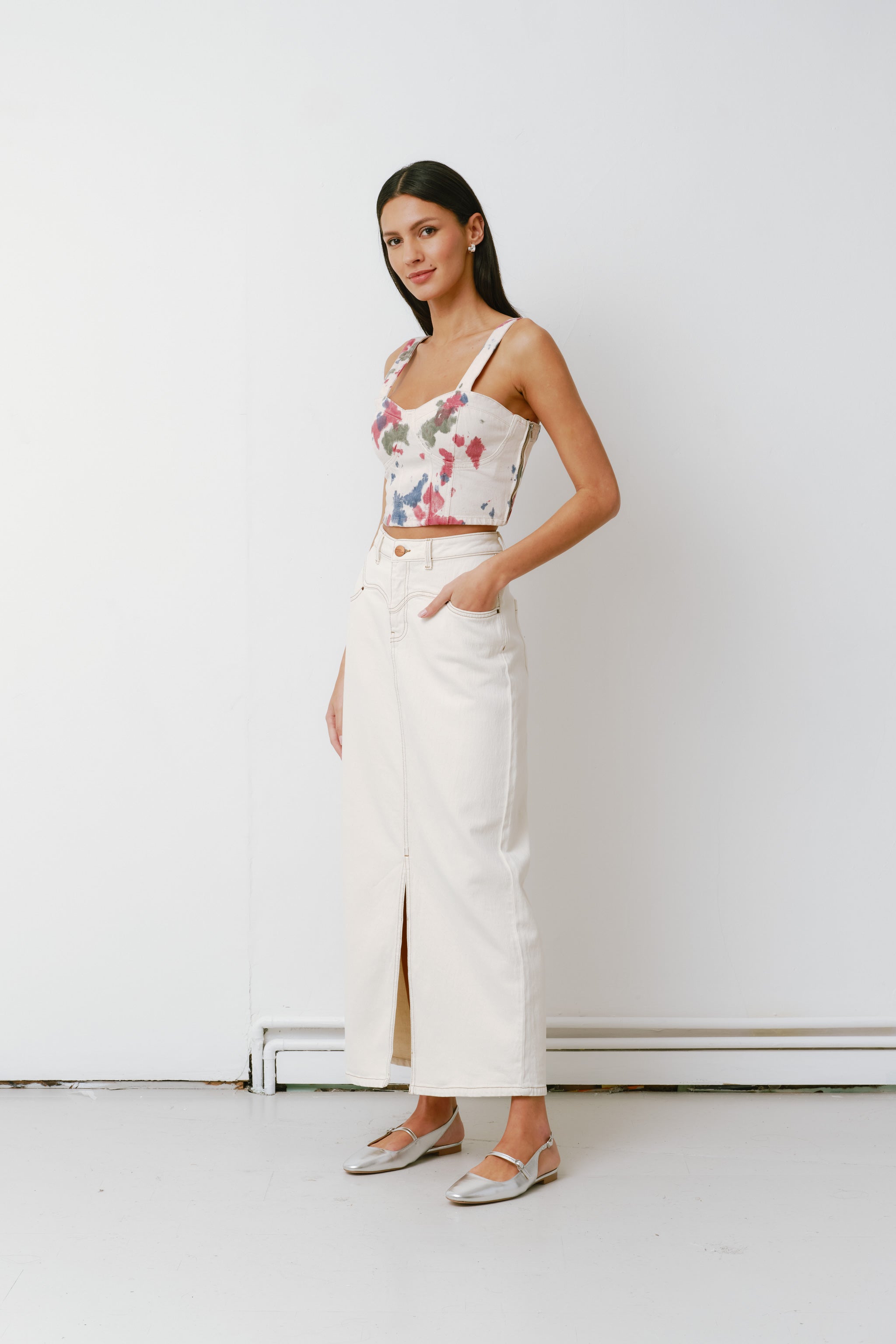 Mia Maxi Denim Skirt in Ecru - seventy + mochi