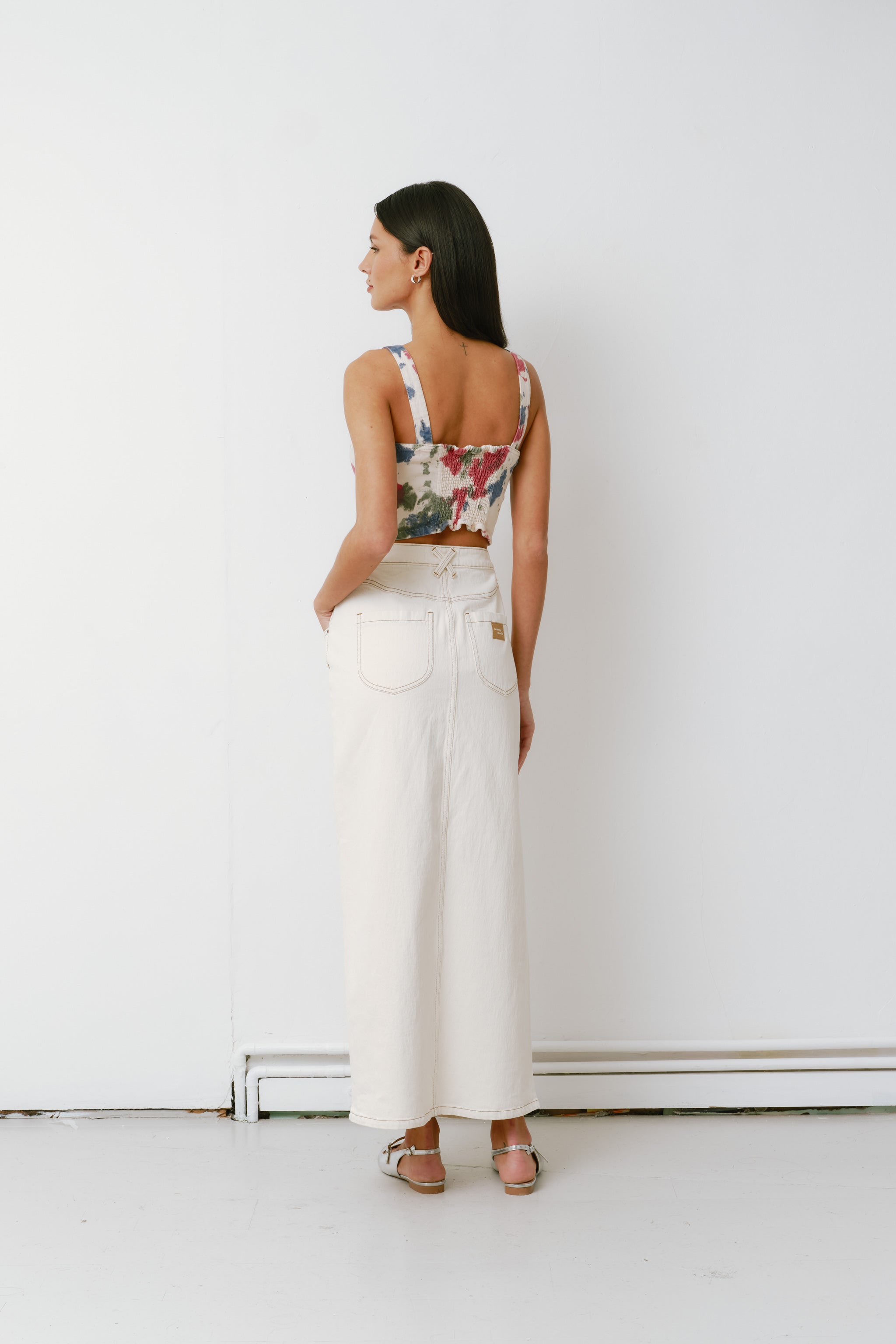 Mia Maxi Denim Skirt in Ecru - seventy + mochi