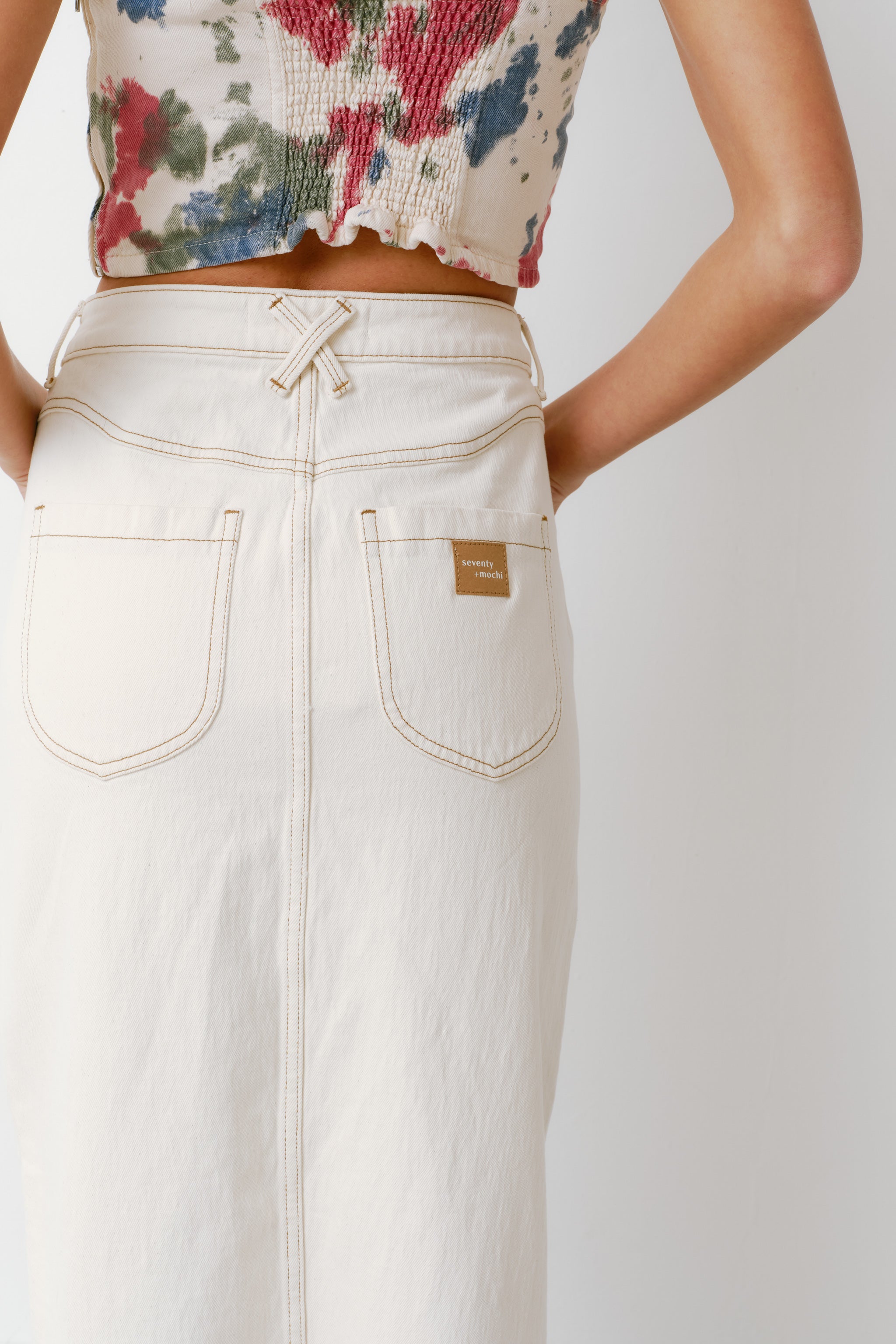 Mia Maxi Denim Skirt in Ecru - seventy + mochi