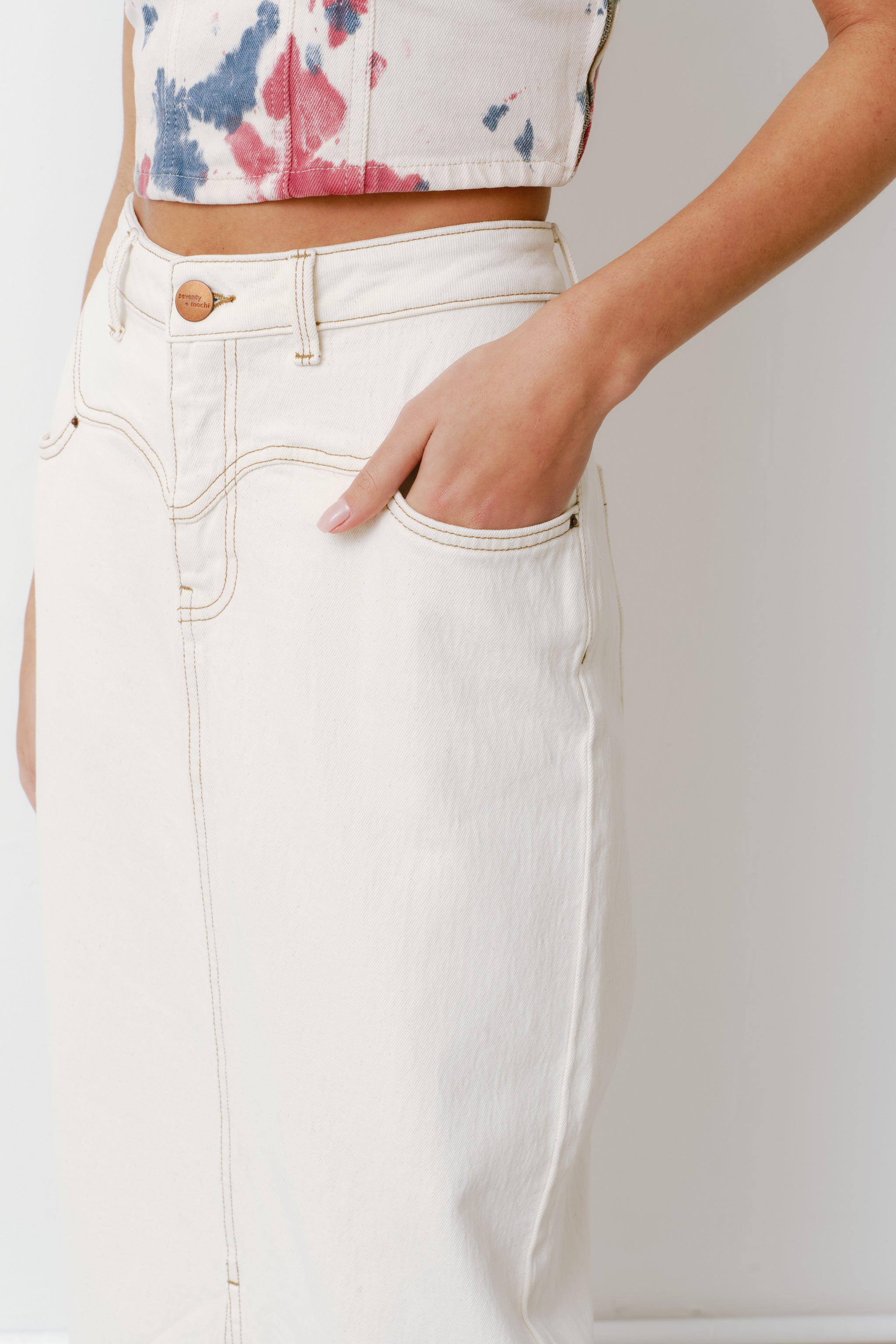 Mia Maxi Denim Skirt in Ecru - seventy + mochi