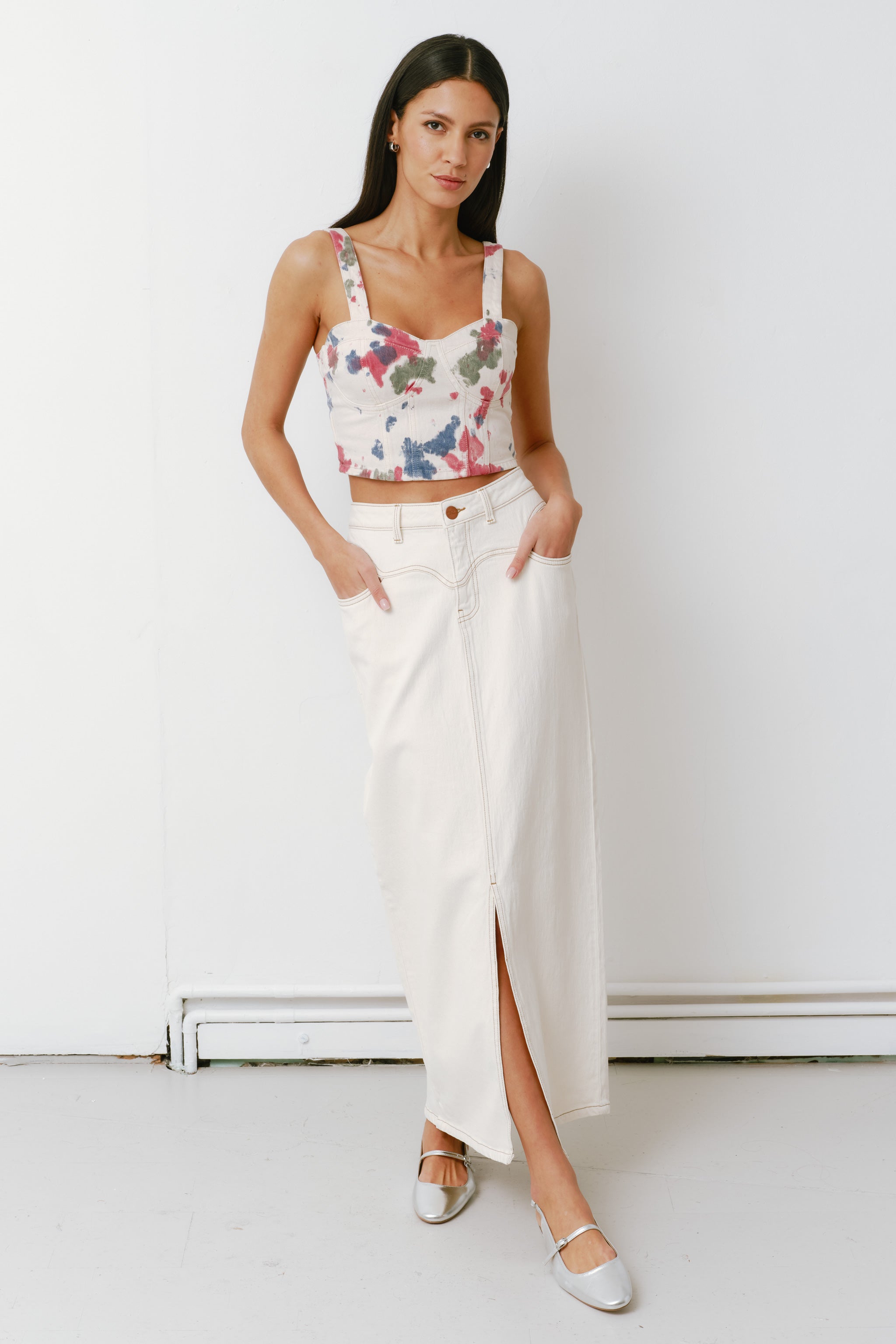 Mia Maxi Denim Skirt in Ecru - seventy + mochi