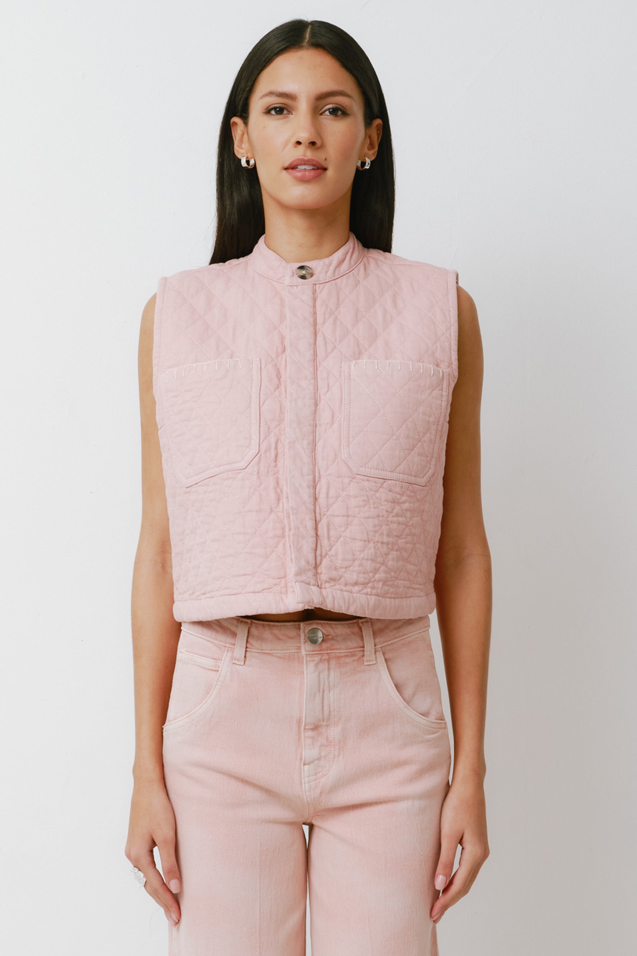 Pablo Quilted Denim Vest in Peony Pink - seventy + mochi
